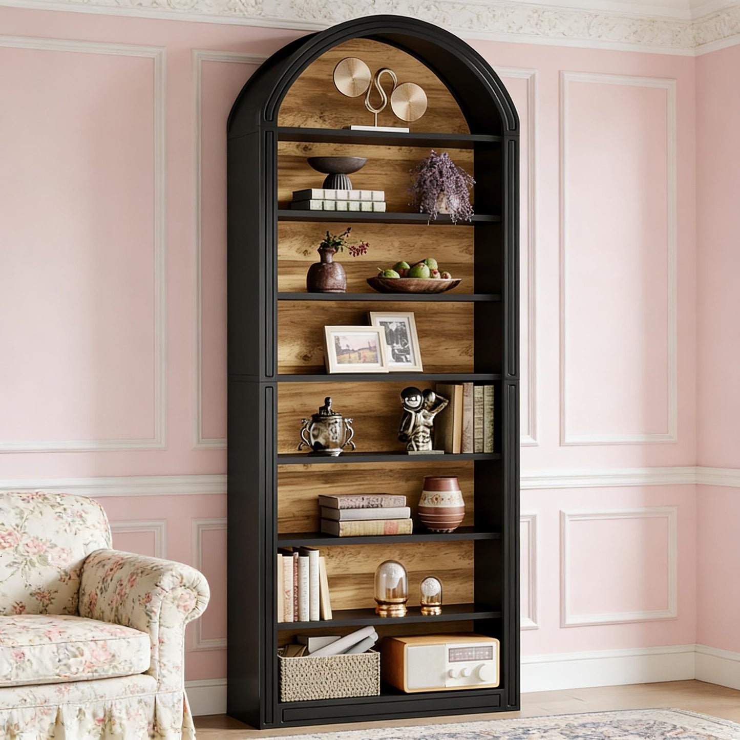 Arched 8 Tier Tall Bookshelf with Wood Back Panel