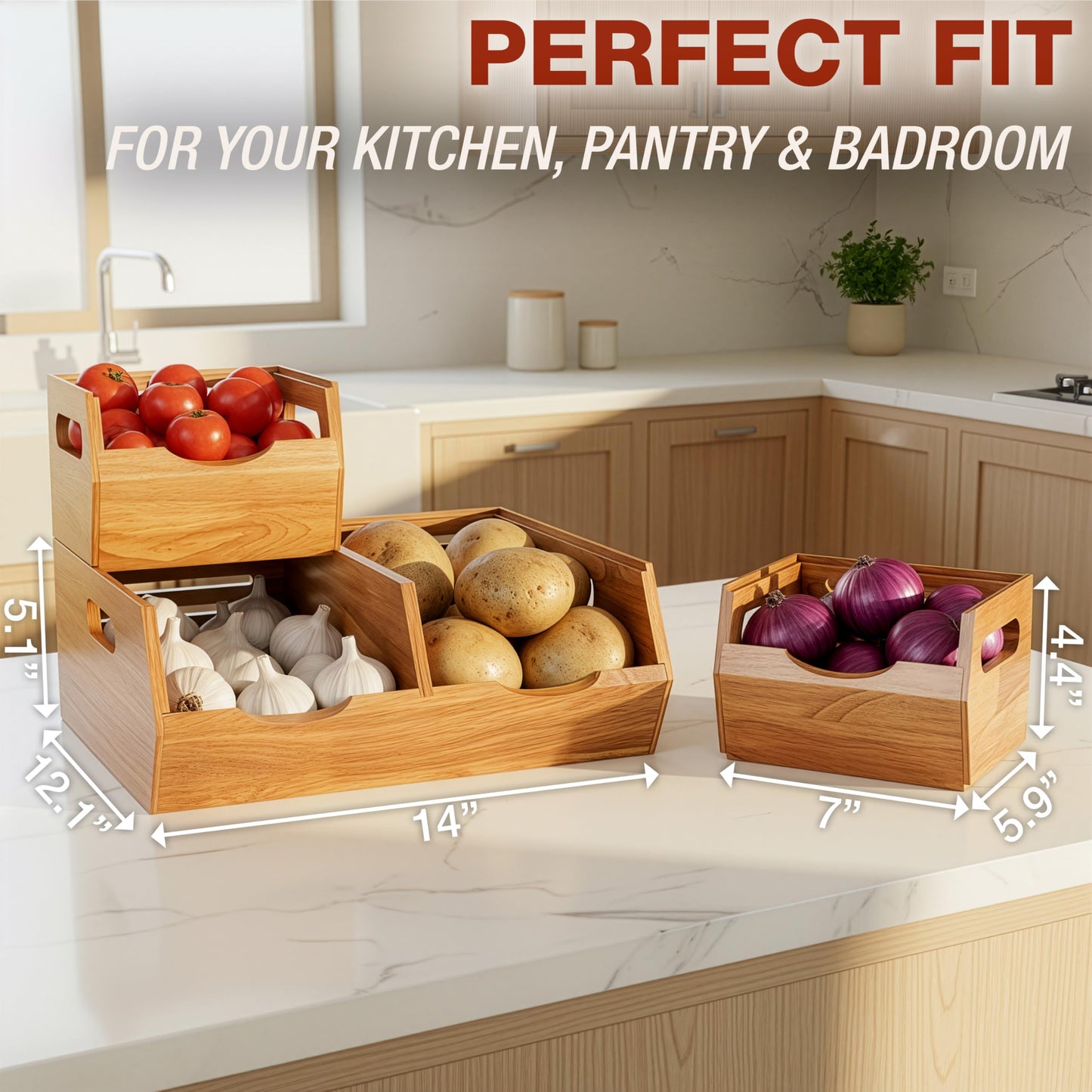HOMESTEAD Stackable Solid Wood Storage Bins for Kitchen Pantry & Countertop, Ventilated Potato and Onion Basket Organizer with Handles, Wooden Produce Storage Containers, 3-Pack, Chestnut Finish