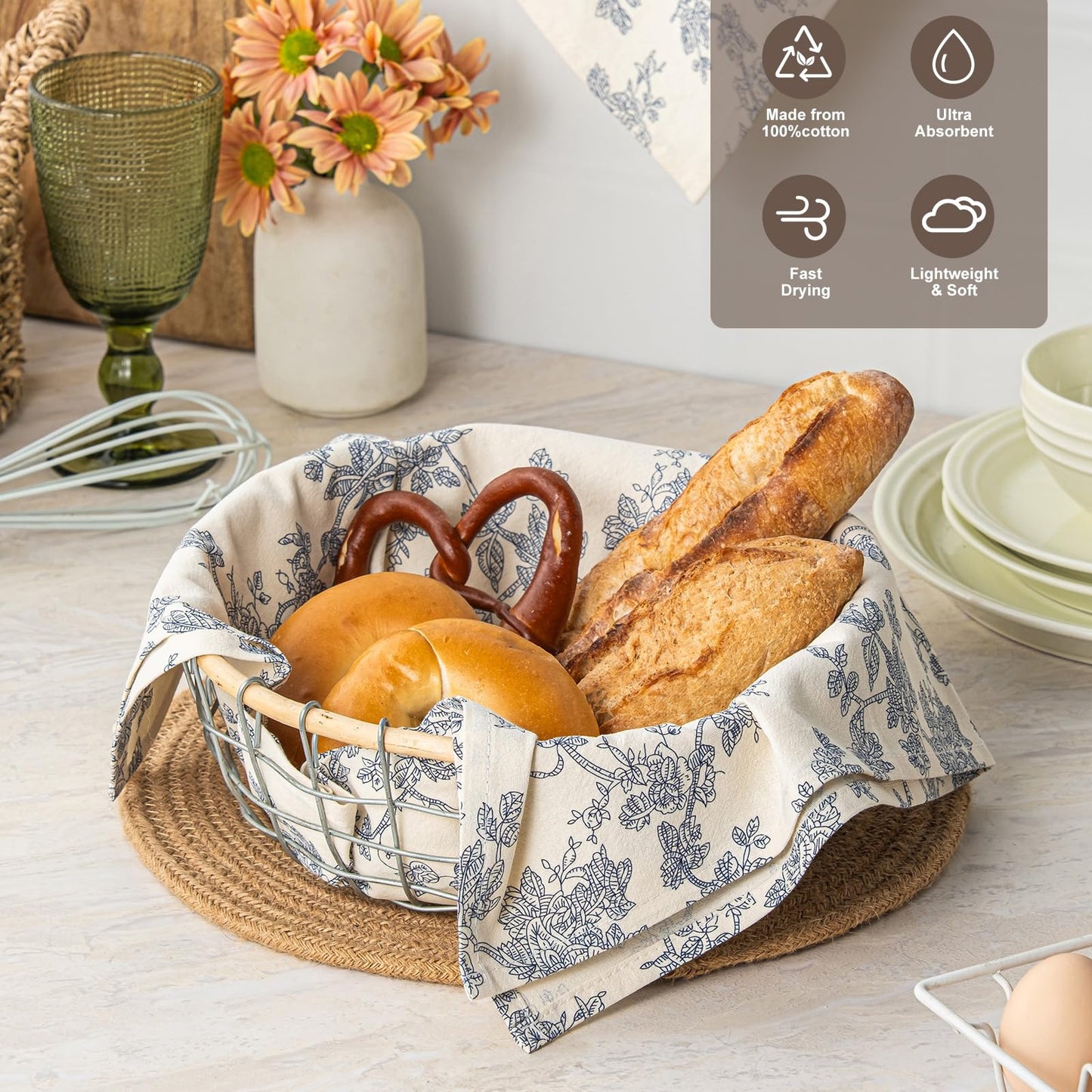100% Cotton French Pastoral Kitchen Towels Set of 2, Decorative Flour Sack Tea Towels with Hanging Loop 18x25 Inch Absorbent Dish Cloths Farmhouse Home Decor, Brown