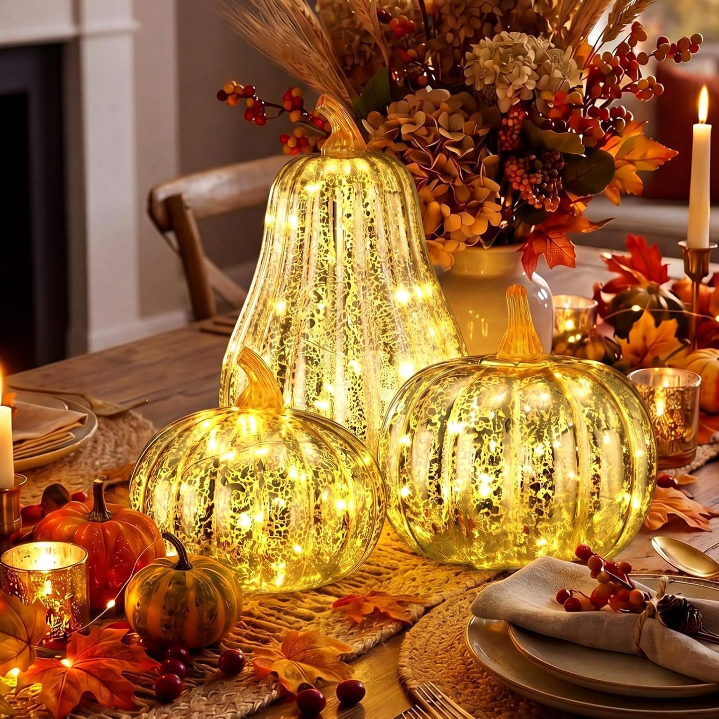 3 Pack Fall Glass Pumpkin with Light