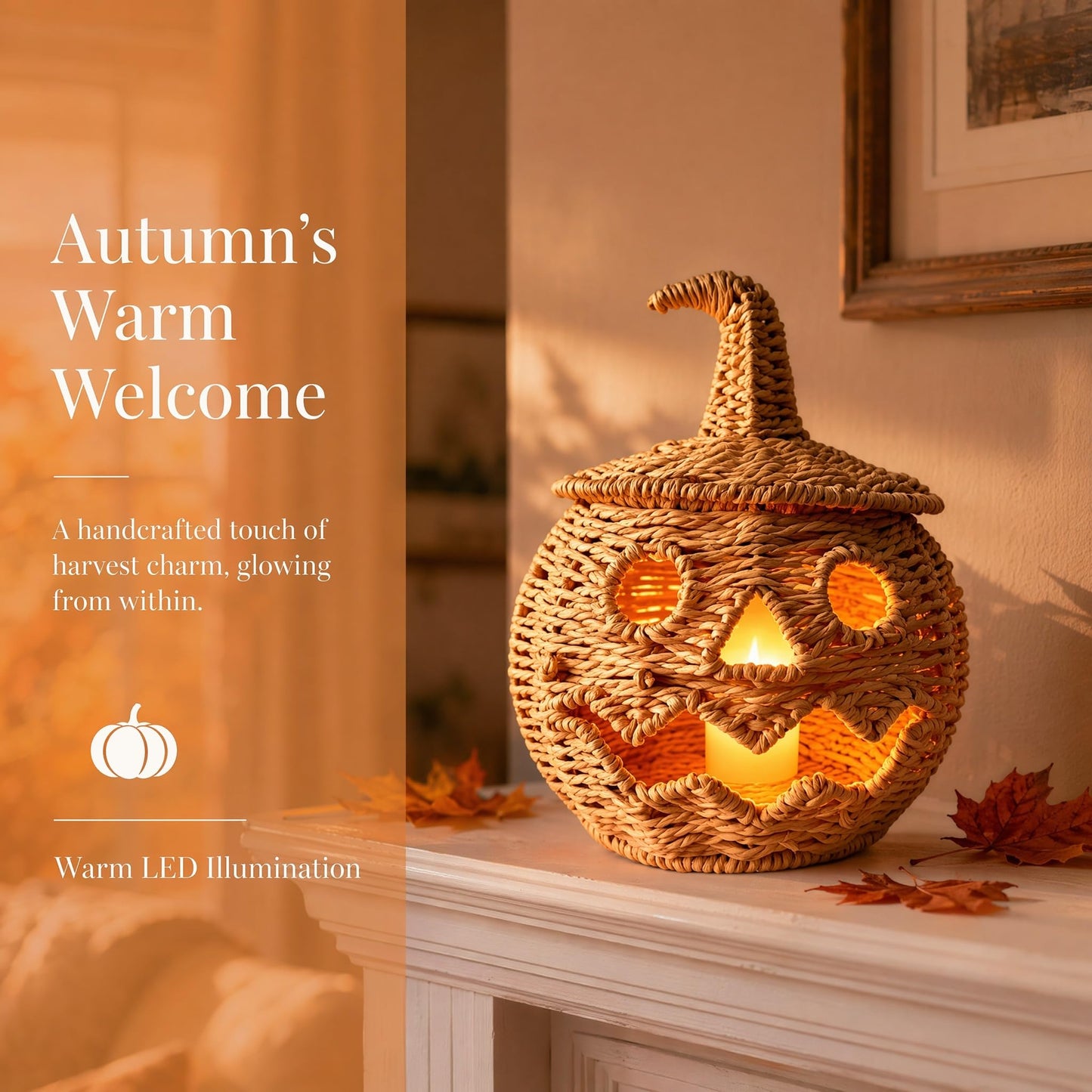 Rattan Lantern Pumpkin Candle Holder with Witch Hat Shape Lid