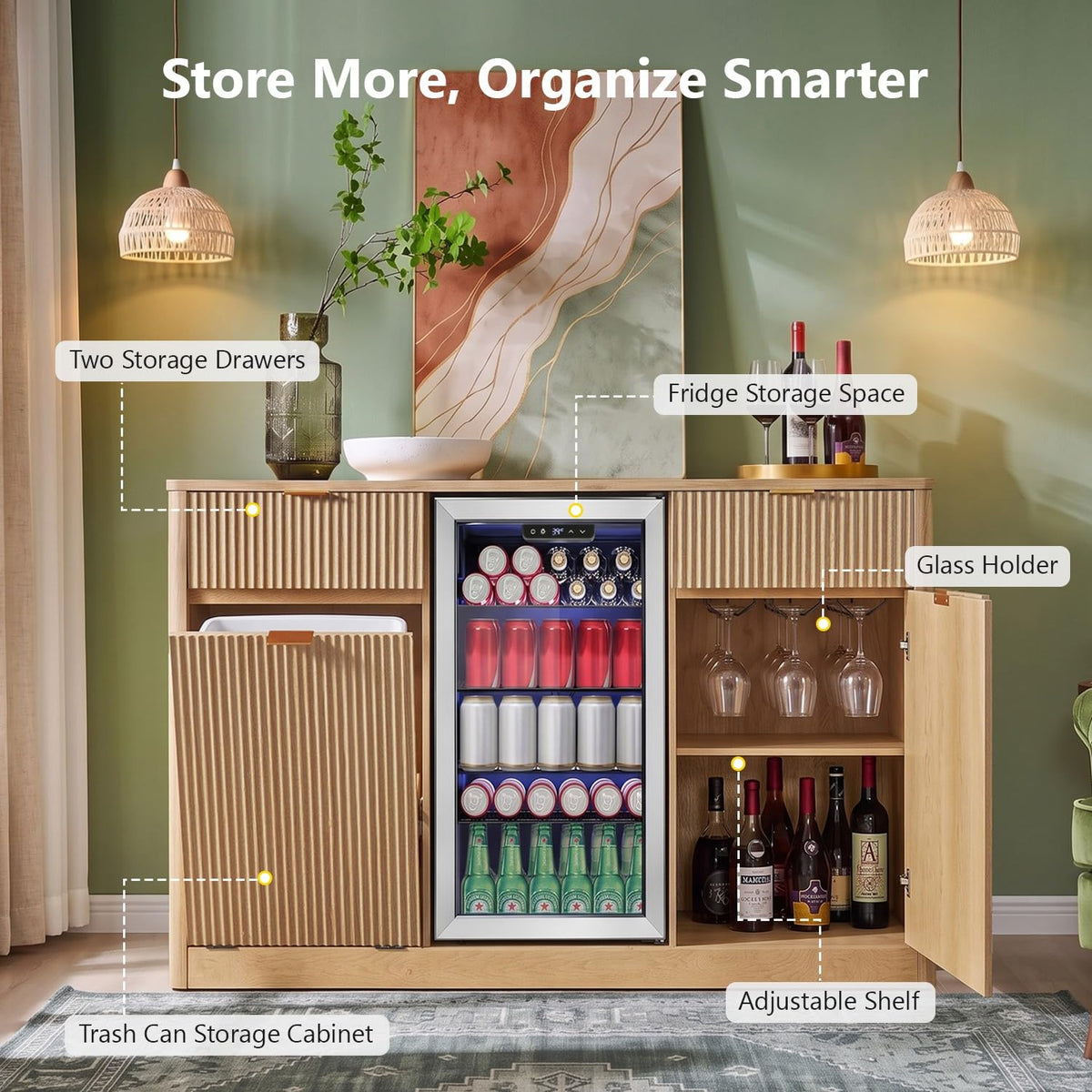 51" Modern Coffee Bar Cabinet with Fridge Space & 2 Drawers