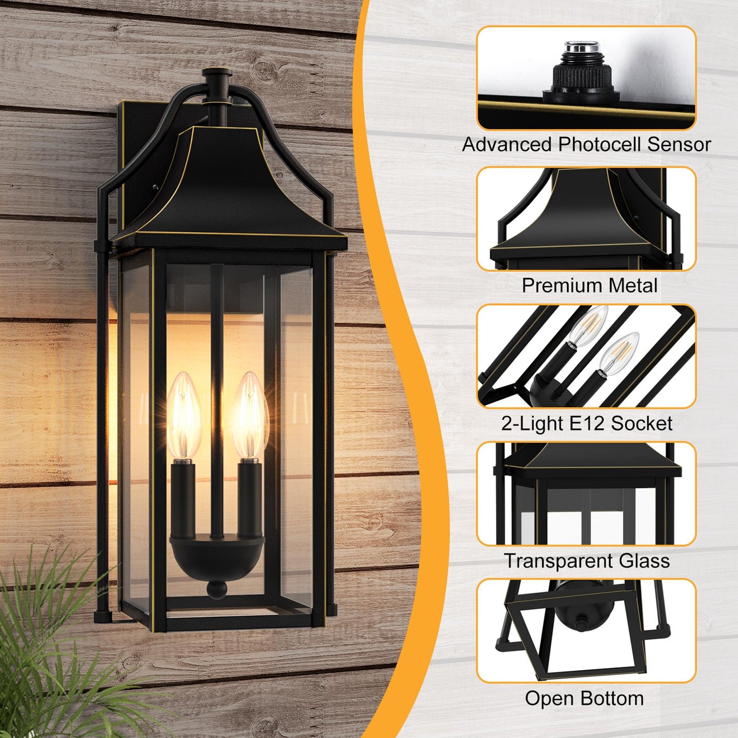 Outdoor Wall Lights Fixtures, Large Size Dusk to Dawn Waterproof Exterior Lanterns, Modern Porch Sconce Wall Mounted with Glass