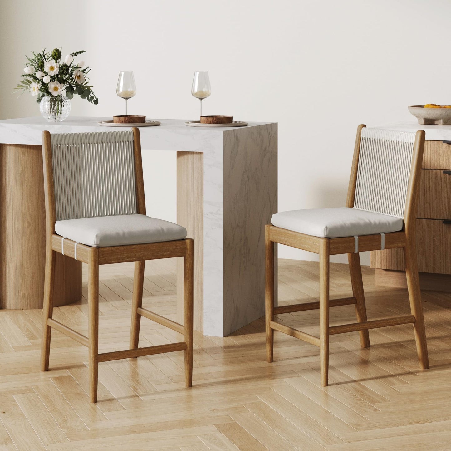 Nathan James Rikki Seagrass Bar Stool with Back, 2-Pack Boucle Counter Stool with Upholstered Seat, Solid Wood Frame, and Woven Seagrass Backrest