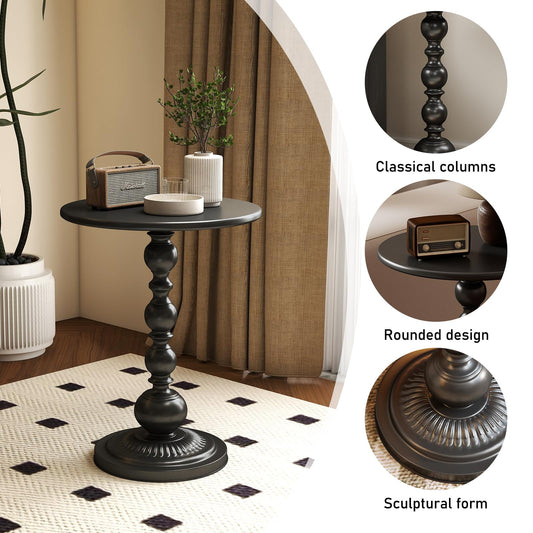 Metal Small End Table,Vintage Matte Black Round Side Table Nightstand for Bedside or Sofa,Small Accent Pedestal Table for Living Room Corners Bedroom Patio and bar (Matte Black)