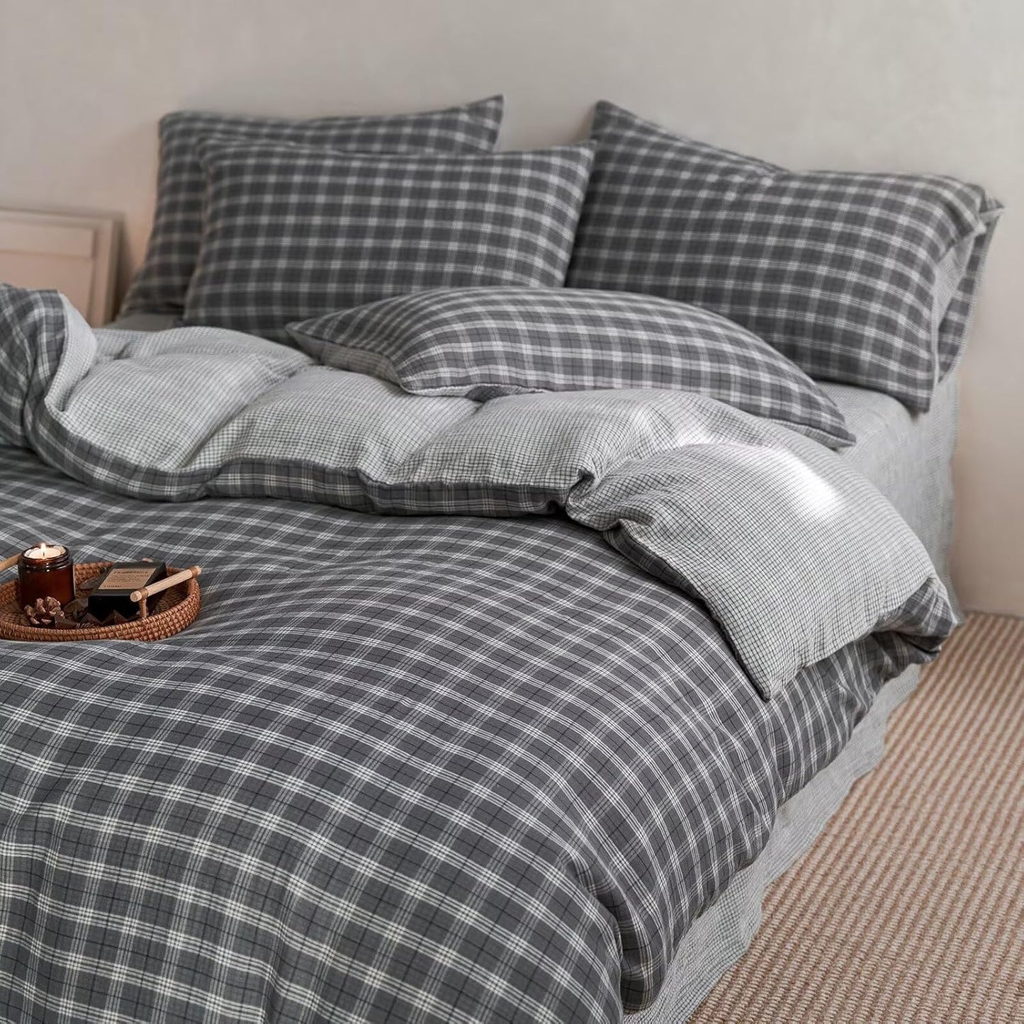 Duvet Cover Set - Brown Plaid Gingham Comforter Cover with Zipper Closure