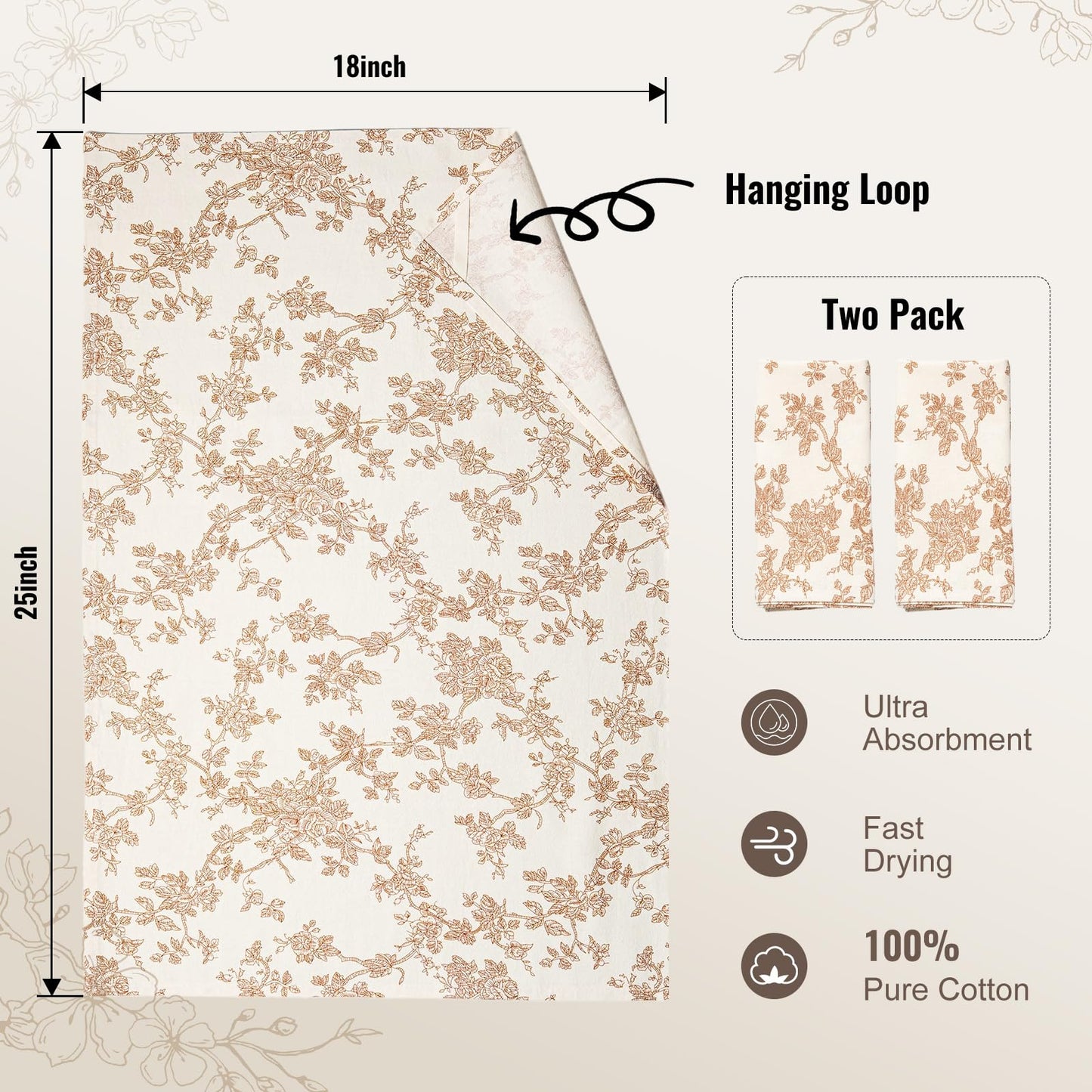 100% Cotton French Pastoral Kitchen Towels Set of 2, Decorative Flour Sack Tea Towels with Hanging Loop 18x25 Inch Absorbent Dish Cloths Farmhouse Home Decor, Brown