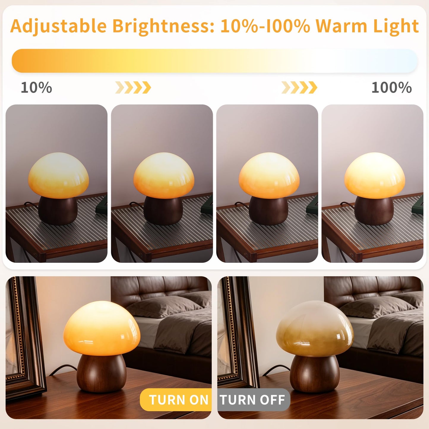 Brass Base Mushroom Table Lamp for Bedroom, Small Desk Lamp with Amber Glass Shade, LED Three Color Temperature Adjustable Brightness Modern Side Table Lighting (H 15.4 in)