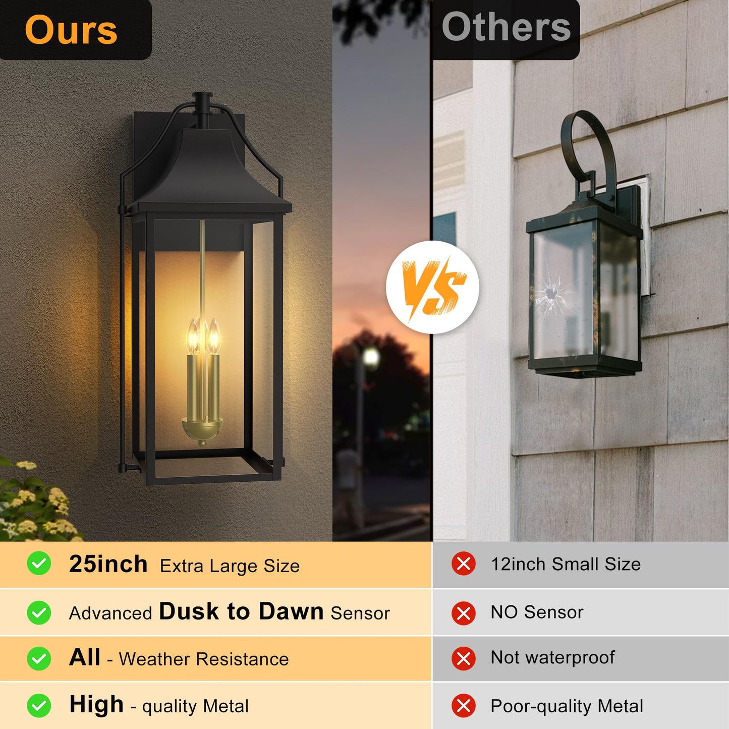 Outdoor Wall Lights Fixtures, Large Size Dusk to Dawn Waterproof Exterior Lanterns, Modern Porch Sconce Wall Mounted with Glass