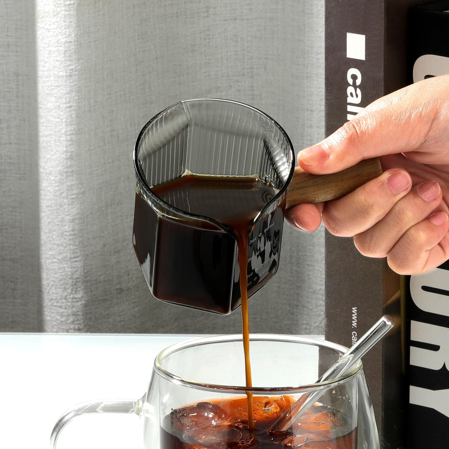 Joeyan 6 oz Glass Measuring Cups with Spout,Borosilicate Glass Triple Pitcher with Scale,Origami Style Espresso Shot Glasses with Wood Handle for Coffee Milk,Dishwasher Safe