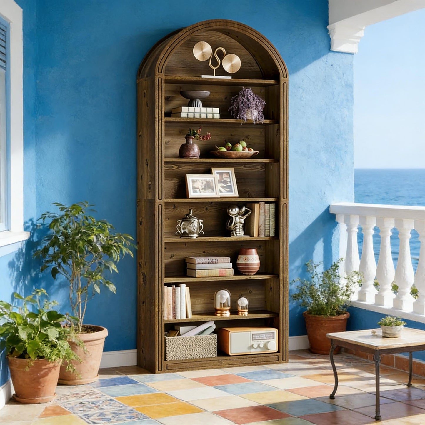 Arched 8 Tier Tall Bookshelf with Wood Back Panel