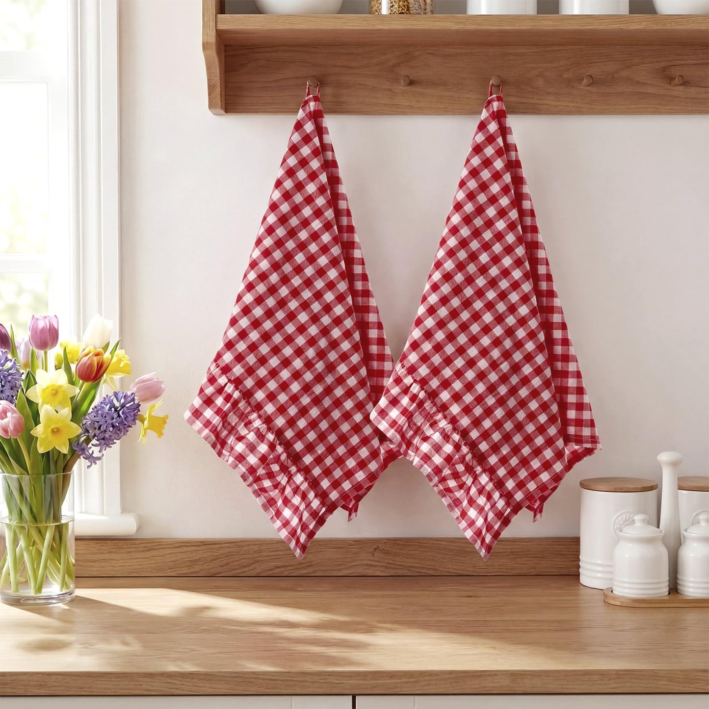 HunnmingRe Taupe Kitchen Towels Set of 2, 100% Cotton Ruffled Gingham Dish Towels 18"x28" Tea Cloths Classic Plaid Pattern for Farmhouse Charm, Drying Dishes, Entertaining Guests