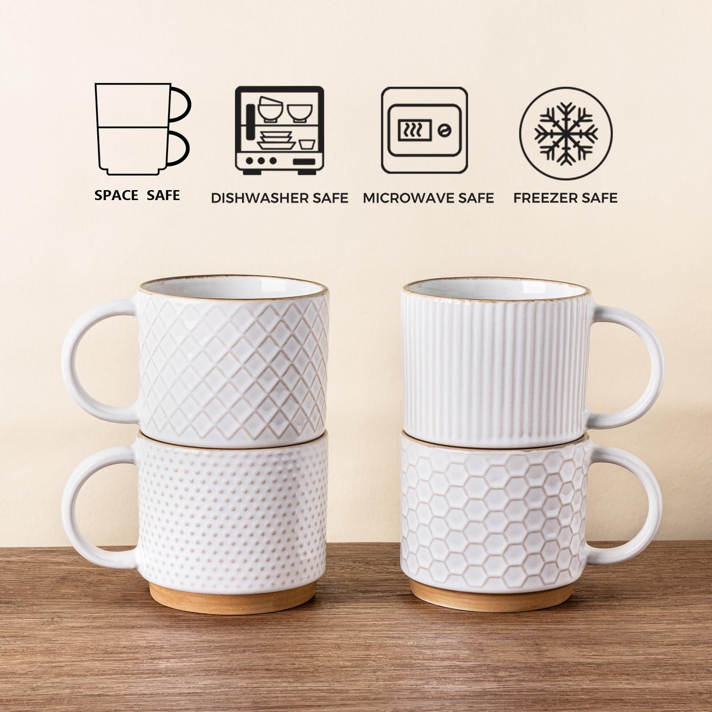 GBhome 12OZ Stackable Coffee Mugs, Ceramic Coffee Mugs with Texture Patterns for Man,Woman,Dad,Mom, Modern Coffee Mugs Set of 4 for Latte/Cappuccino/Cocoa. Dishwasher&Microwave Safe, Pale Khaki