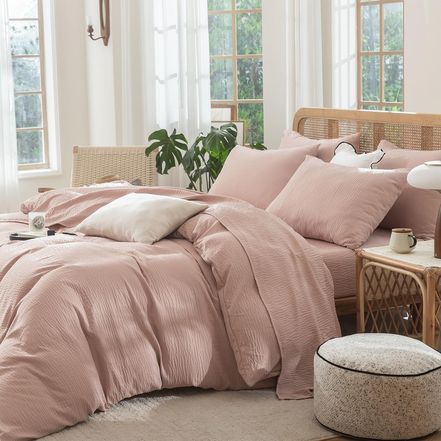 Striped Duvet Cover Queen Beige Washed Microfiber Jacquard 3 Pieces Bedding Set, White Beige Vertical Ticking Stripes Pattern Comforter Cover with Zipper Closure Breathable Durable Soft Comfy