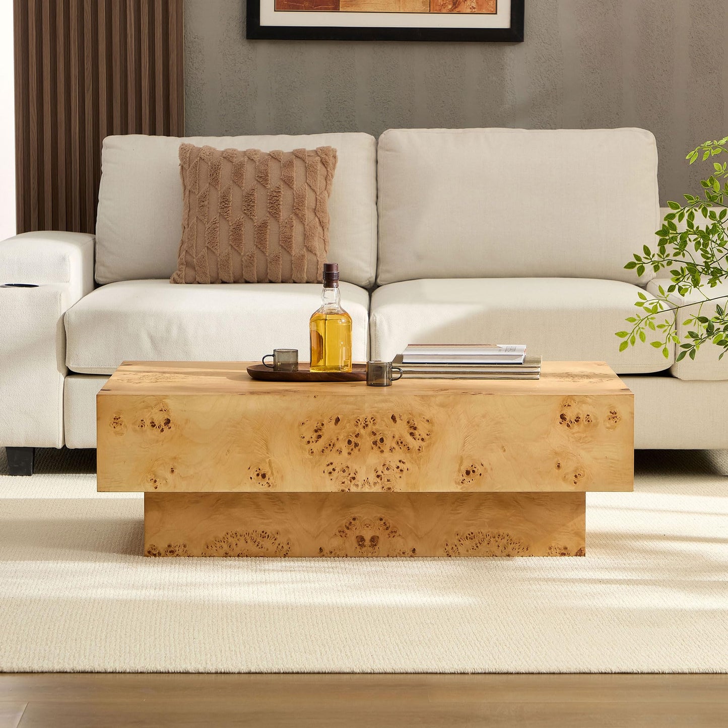 WILLIAMSPACE 43.31" Rectangle Coffee Table with Burl Wood Veneer & Sturdy Base, Modern Luxury Wood Drum Center Table End Table Accent Side Table for Living Room, Minimalist Fluted Design, Oak