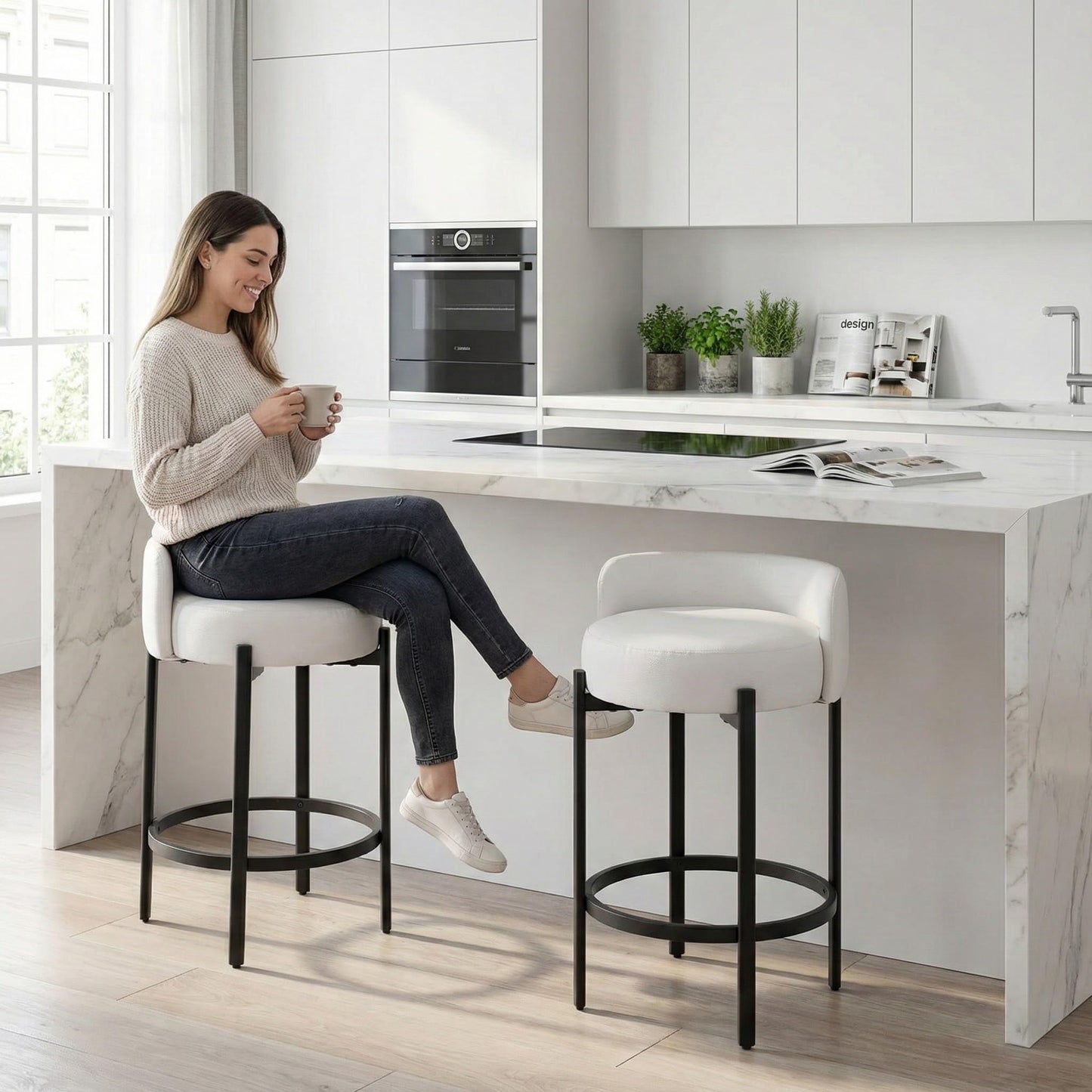 LukeAlon Mid Century Linen Counter Stools Set of 3, Upholstered 26.5" Seat Height Low Barstools with Natural Wood Legs Round Low Back Kitchen Stools with Footrest for Dining Room, Beige