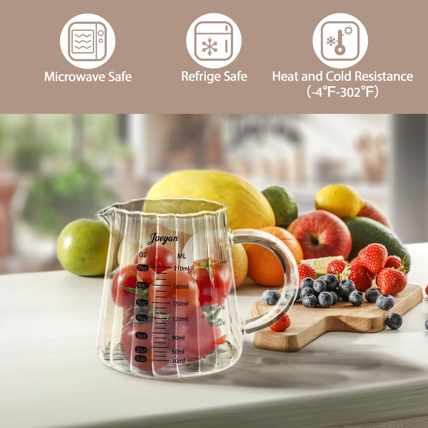 Joeyan 6 oz Glass Measuring Cups with Spout,Borosilicate Glass Triple Pitcher with Scale,Origami Style Espresso Shot Glasses with Wood Handle for Coffee Milk,Dishwasher Safe