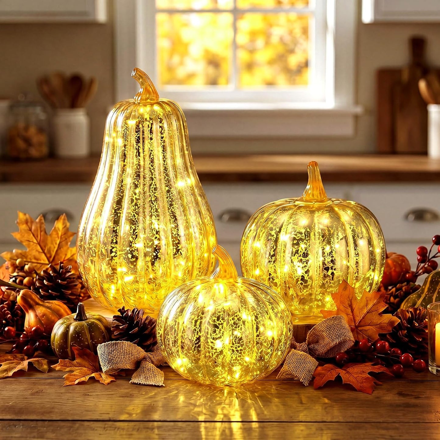 3 Pack Fall Glass Pumpkin with Light
