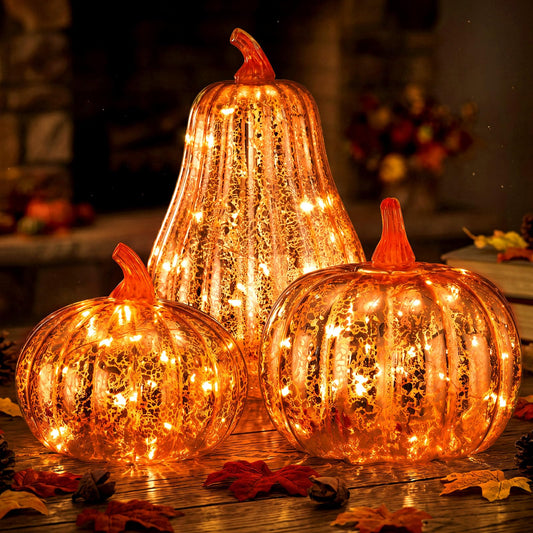 3 Pack Fall Glass Pumpkin with Light