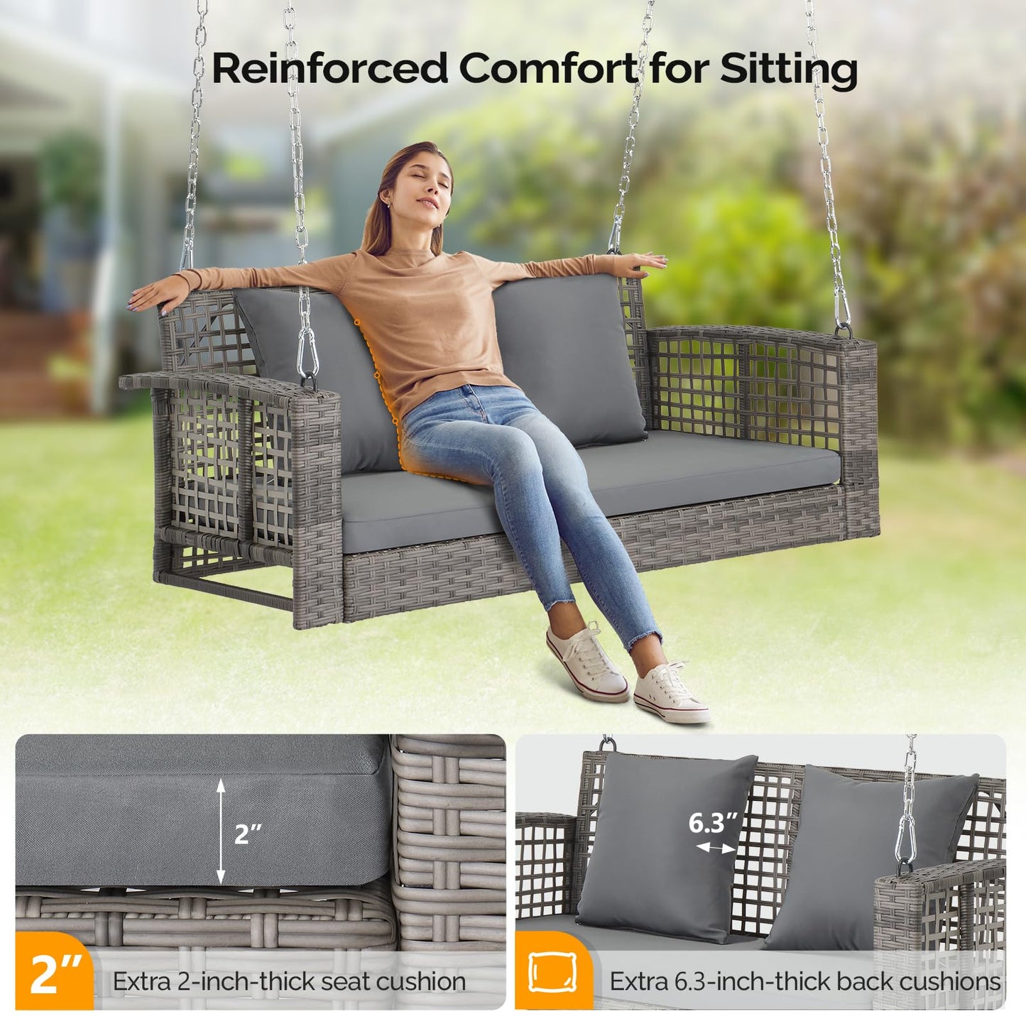 VINGLI 2.4 FT 1-Person Use Round Rattan Porch Swing Outdoor Support 440 LBS with Cushions & Adjustable Chains, Patio Wicker Swing Bench Chair for Garden, Yard, Lawn, Tree, Brown