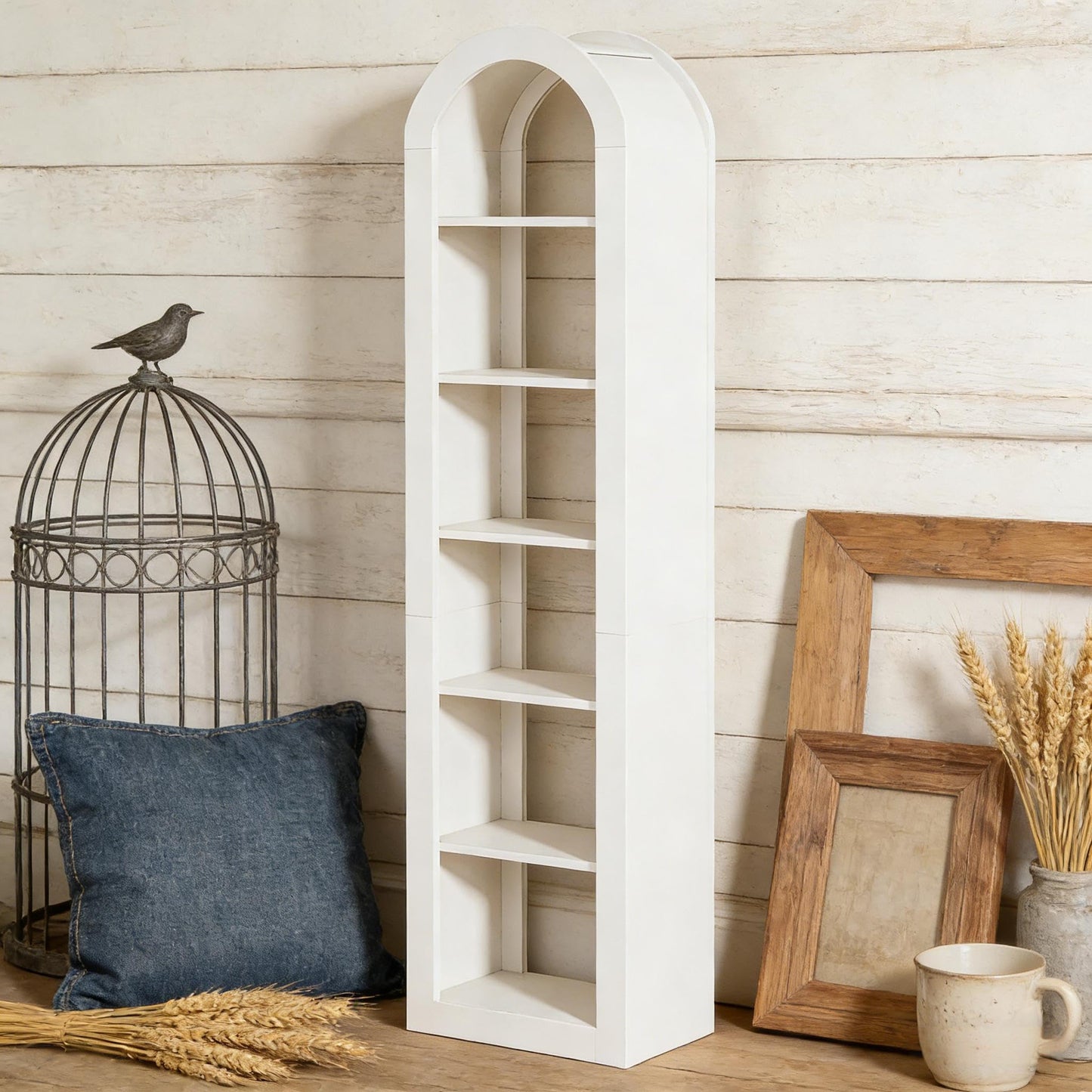 Arched 8 Tier Tall Bookshelf with Wood Back Panel