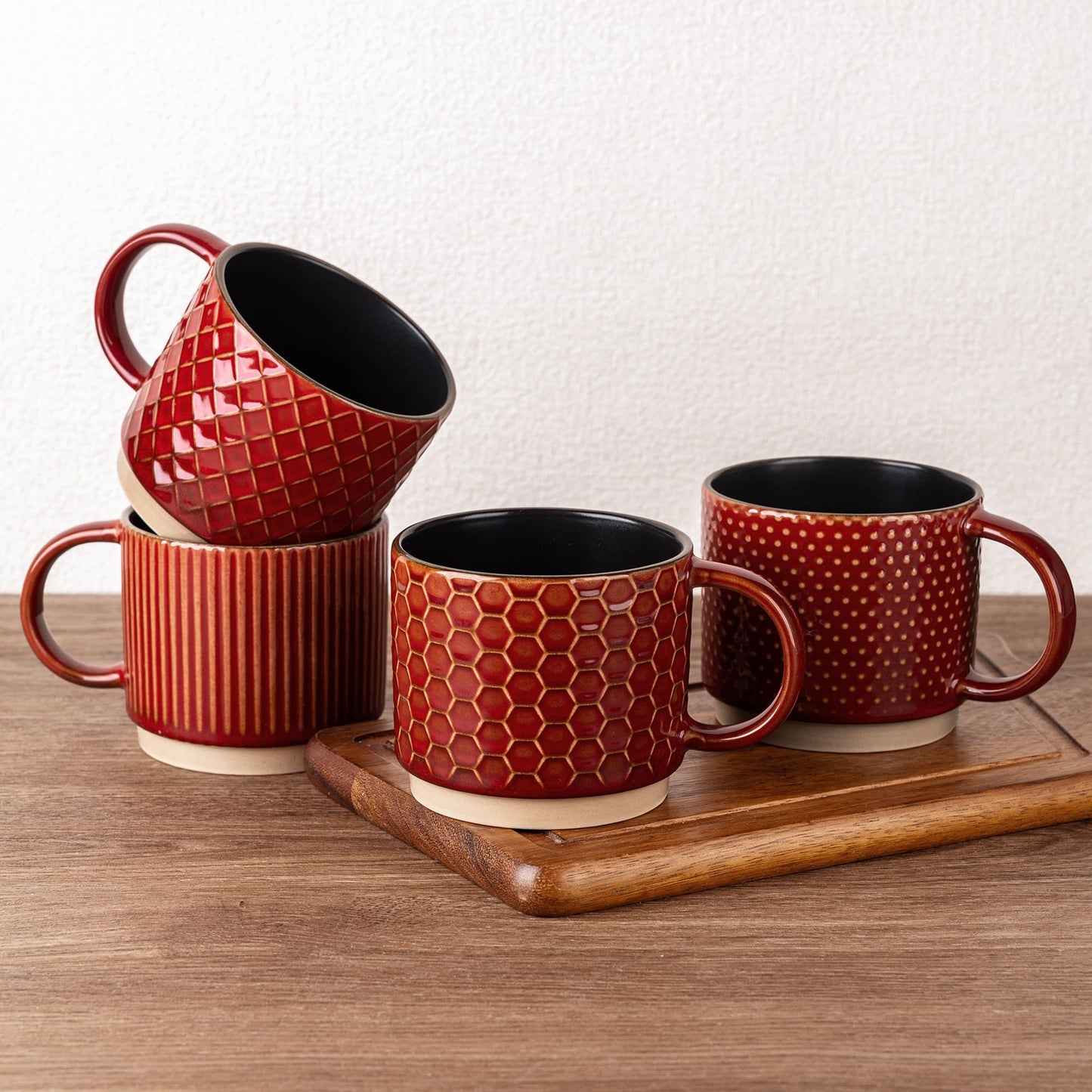 GBhome 12OZ Stackable Coffee Mugs, Ceramic Coffee Mugs with Texture Patterns for Man,Woman,Dad,Mom, Modern Coffee Mugs Set of 4 for Latte/Cappuccino/Cocoa. Dishwasher&Microwave Safe, Pale Khaki