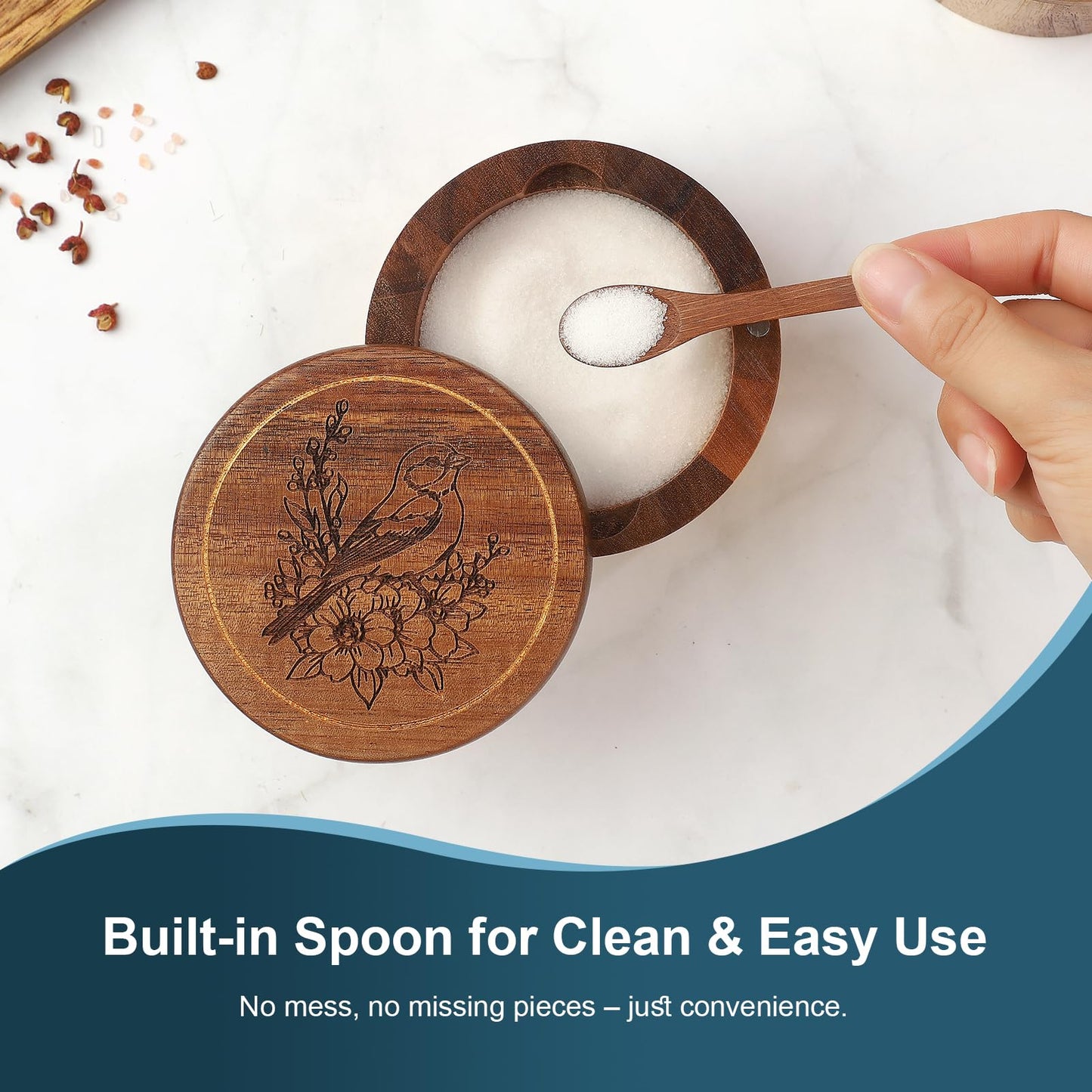 Timtopno Salt Cellar, Acacia Wood Salt Container with Built-in Spoon & Swivel Lid, Engraved SALT Box, Salt Holder Bowl for Countertop Seasoning Storage