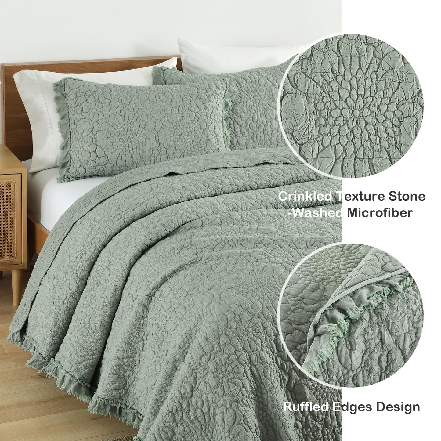 Ruffled Quilt Stone-Washed Lightweight Crinkled Shabby Chic Bedding Set