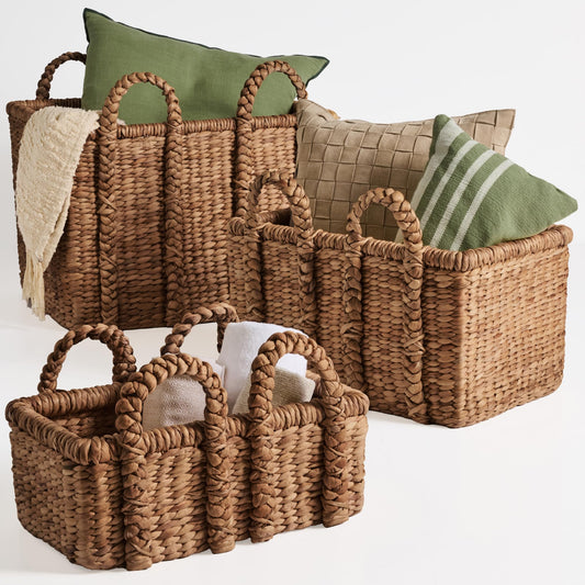 3Pc Chunky Woven Wicker Rattan Storage Baskets w/Braided Handles