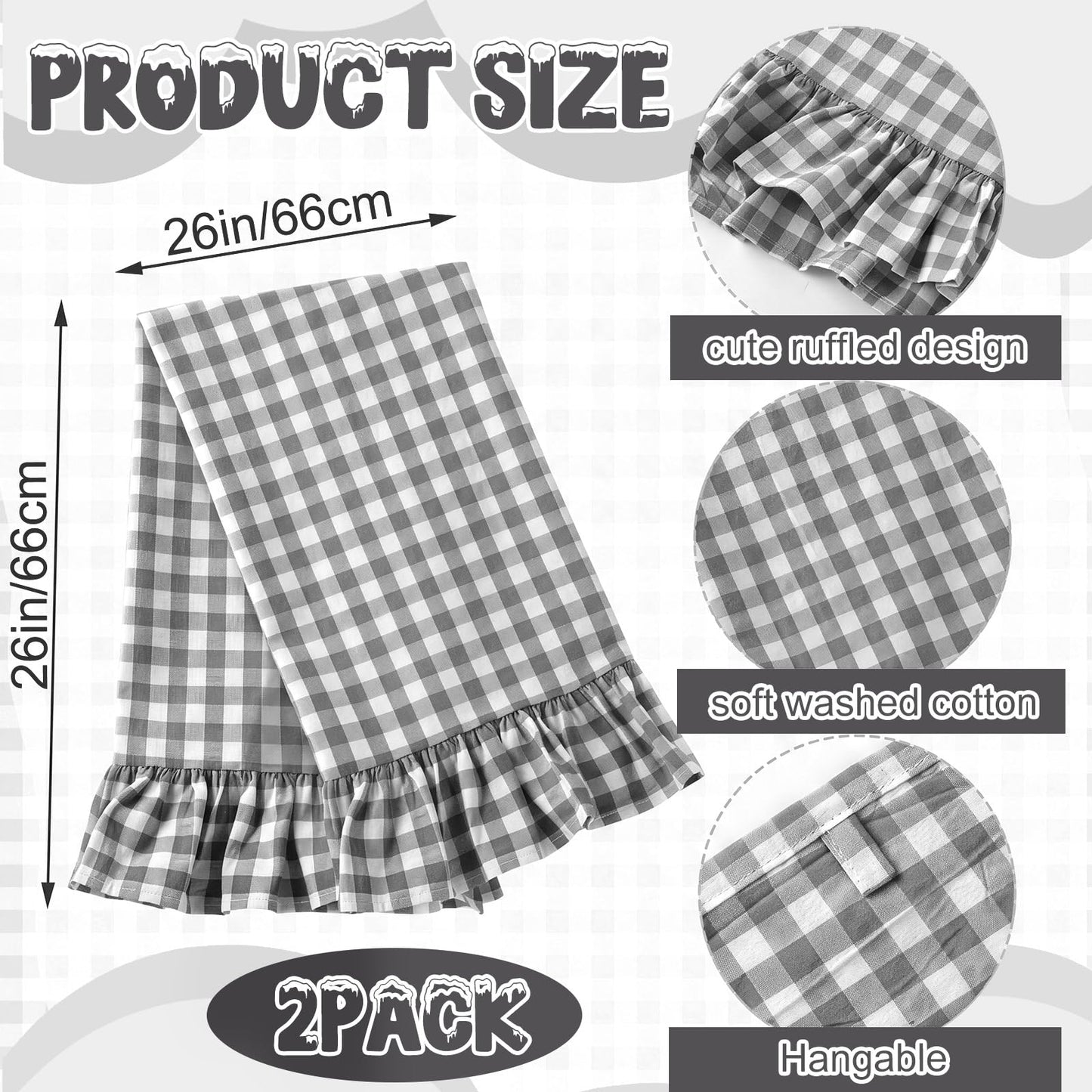 HunnmingRe Taupe Kitchen Towels Set of 2, 100% Cotton Ruffled Gingham Dish Towels 18"x28" Tea Cloths Classic Plaid Pattern for Farmhouse Charm, Drying Dishes, Entertaining Guests
