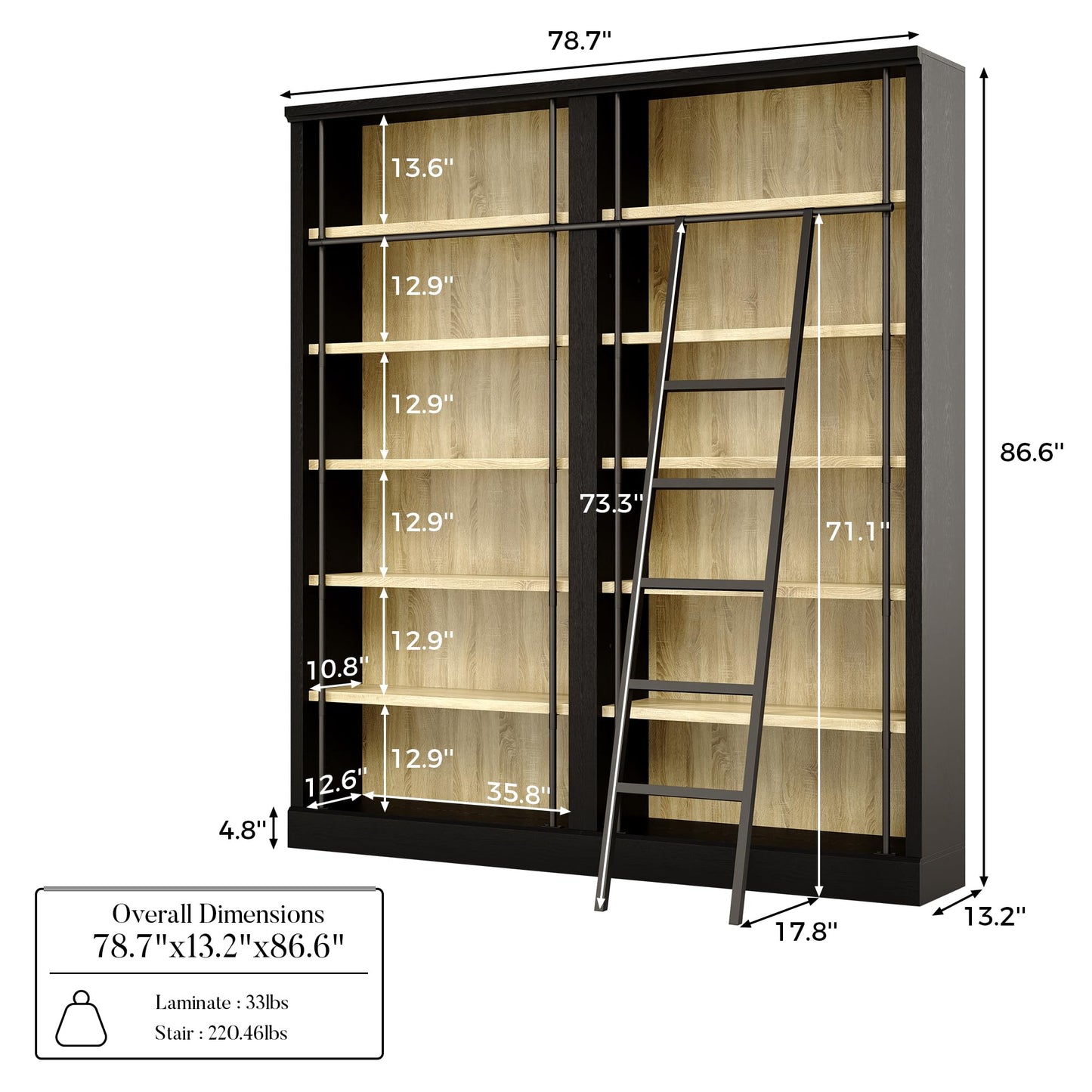 Bookcase Wall with Ladder Black & Wood Grain