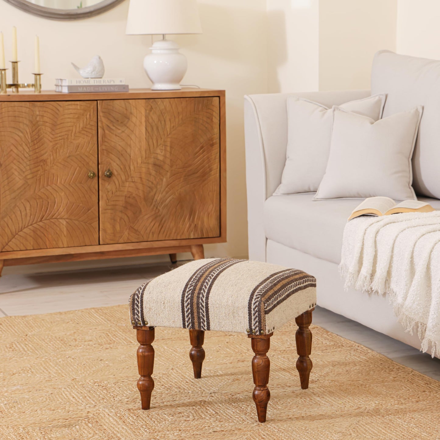 Handmade Jute Ottoman Stool with Wooden Legs
