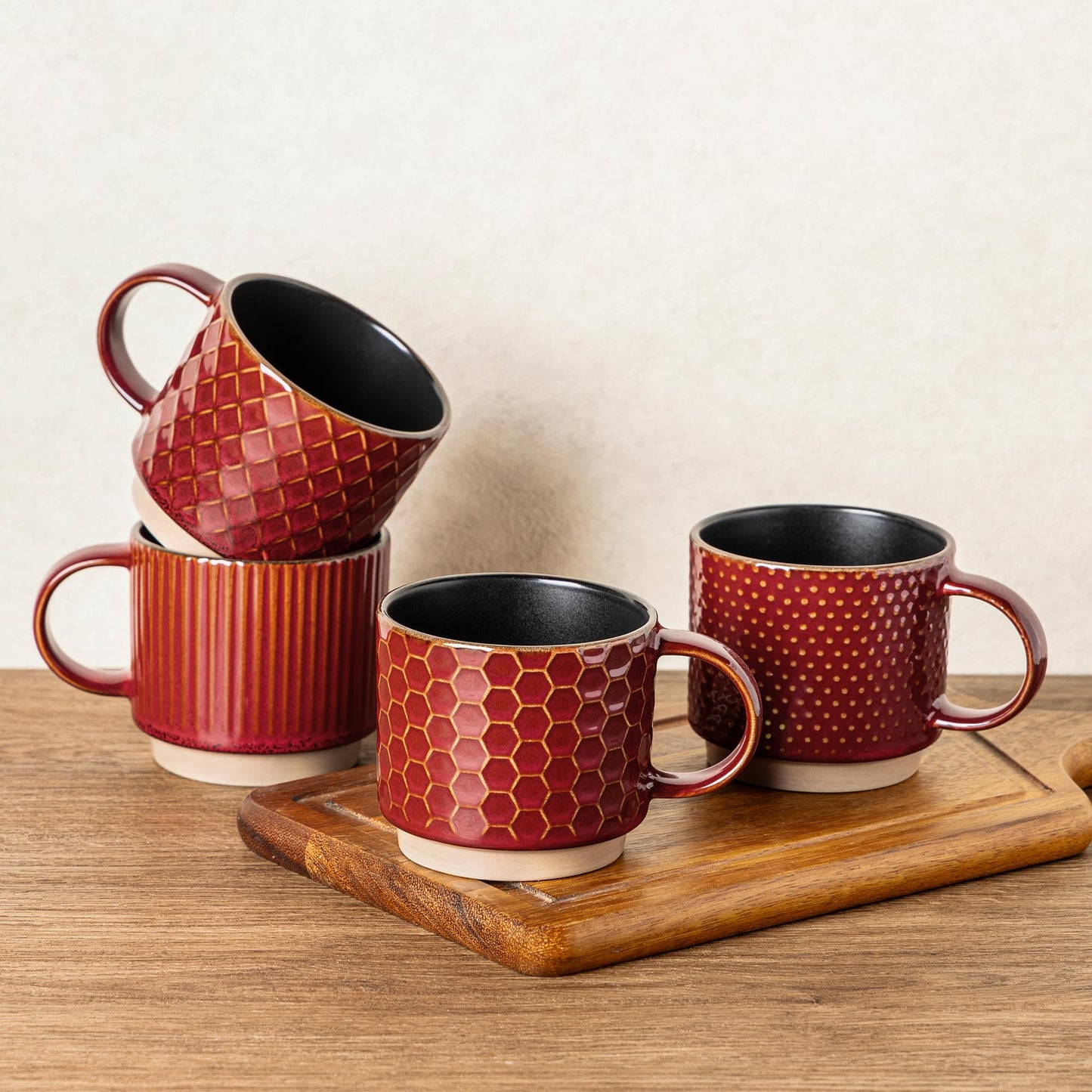 GBhome 12OZ Stackable Coffee Mugs, Ceramic Coffee Mugs with Texture Patterns for Man,Woman,Dad,Mom, Modern Coffee Mugs Set of 4 for Latte/Cappuccino/Cocoa. Dishwasher&Microwave Safe, Pale Khaki
