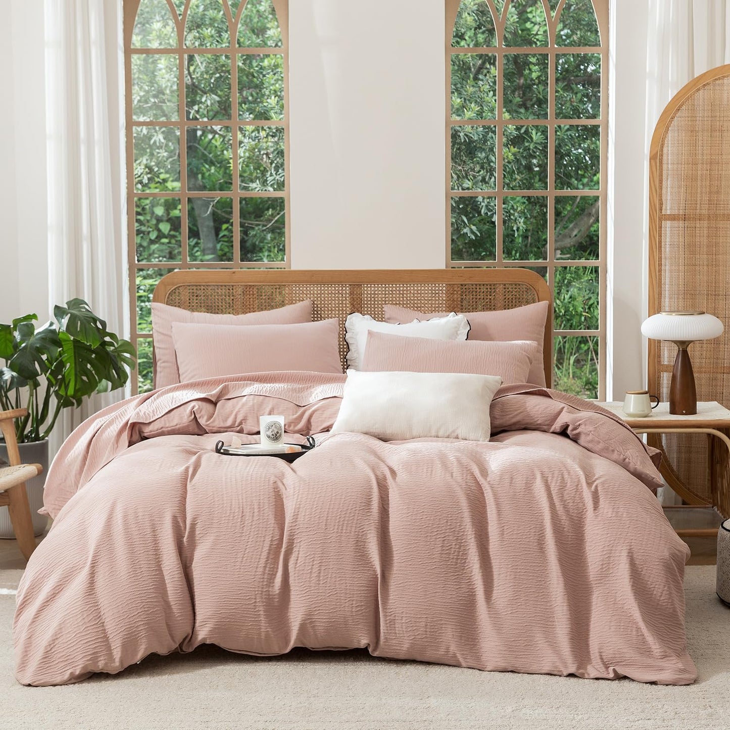 Striped Duvet Cover Queen Beige Washed Microfiber Jacquard 3 Pieces Bedding Set, White Beige Vertical Ticking Stripes Pattern Comforter Cover with Zipper Closure Breathable Durable Soft Comfy