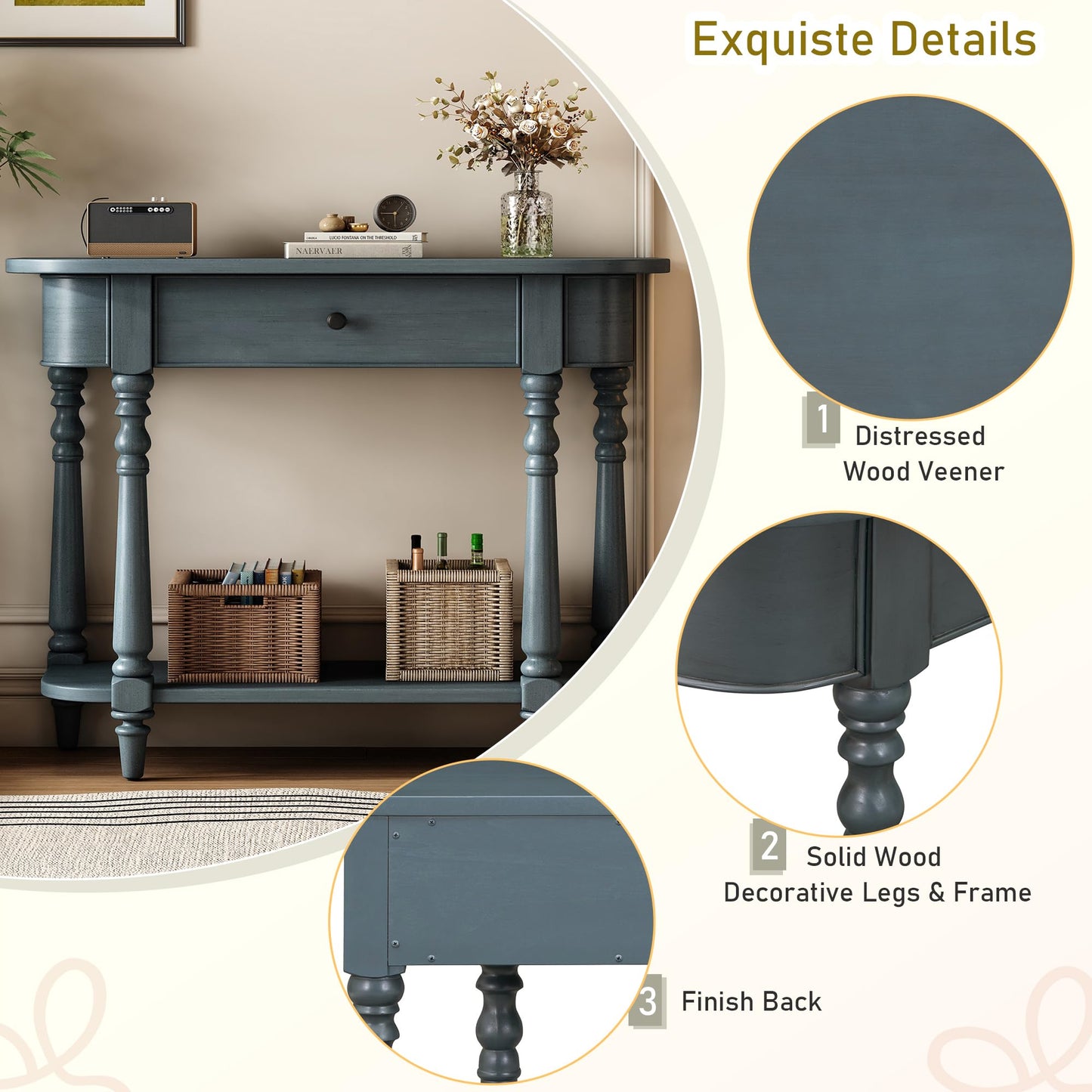 36-Inch Retro Console Sofa Table with Drawer & Storage Shelf