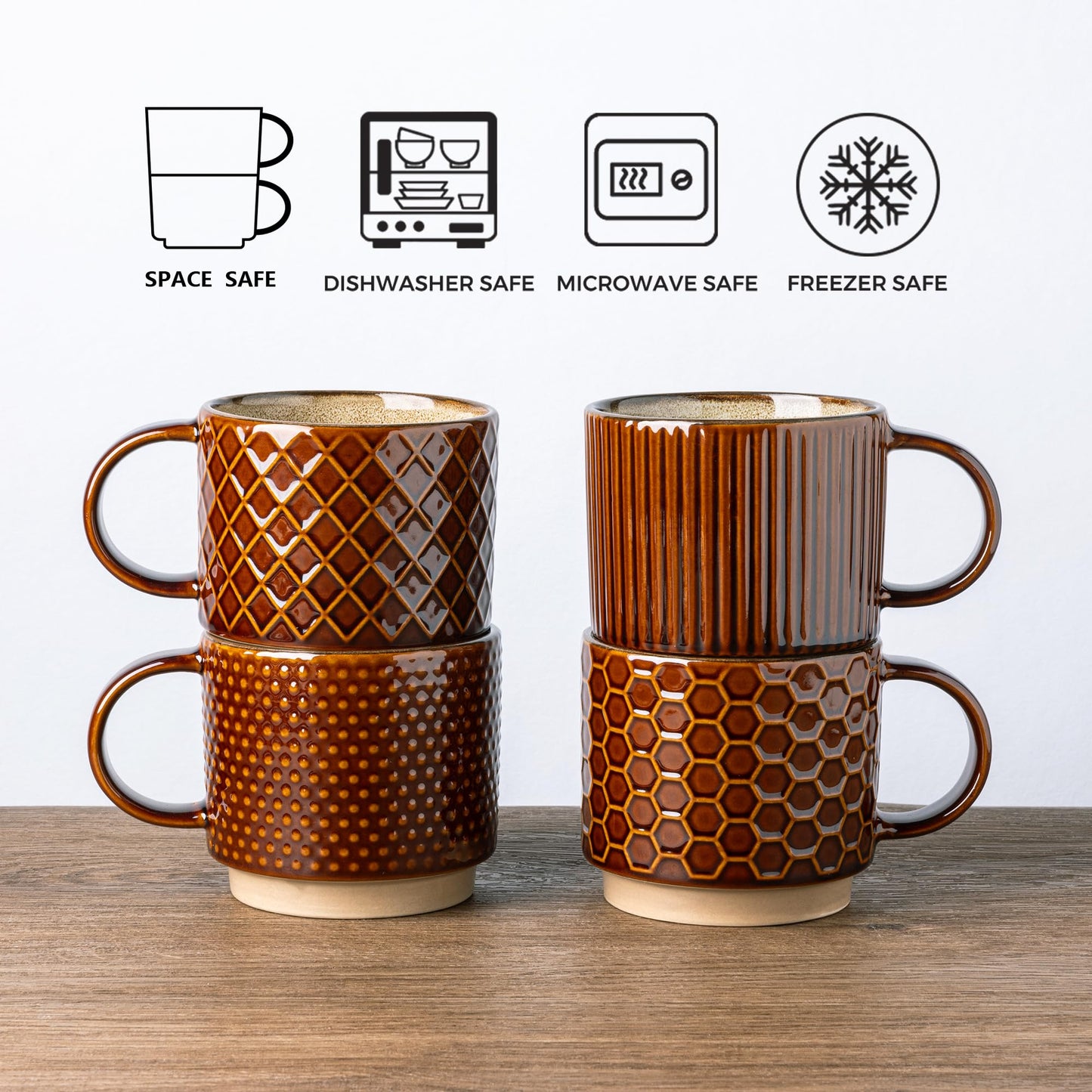 GBhome 12OZ Stackable Coffee Mugs, Ceramic Coffee Mugs with Texture Patterns for Man,Woman,Dad,Mom, Modern Coffee Mugs Set of 4 for Latte/Cappuccino/Cocoa. Dishwasher&Microwave Safe, Pale Khaki