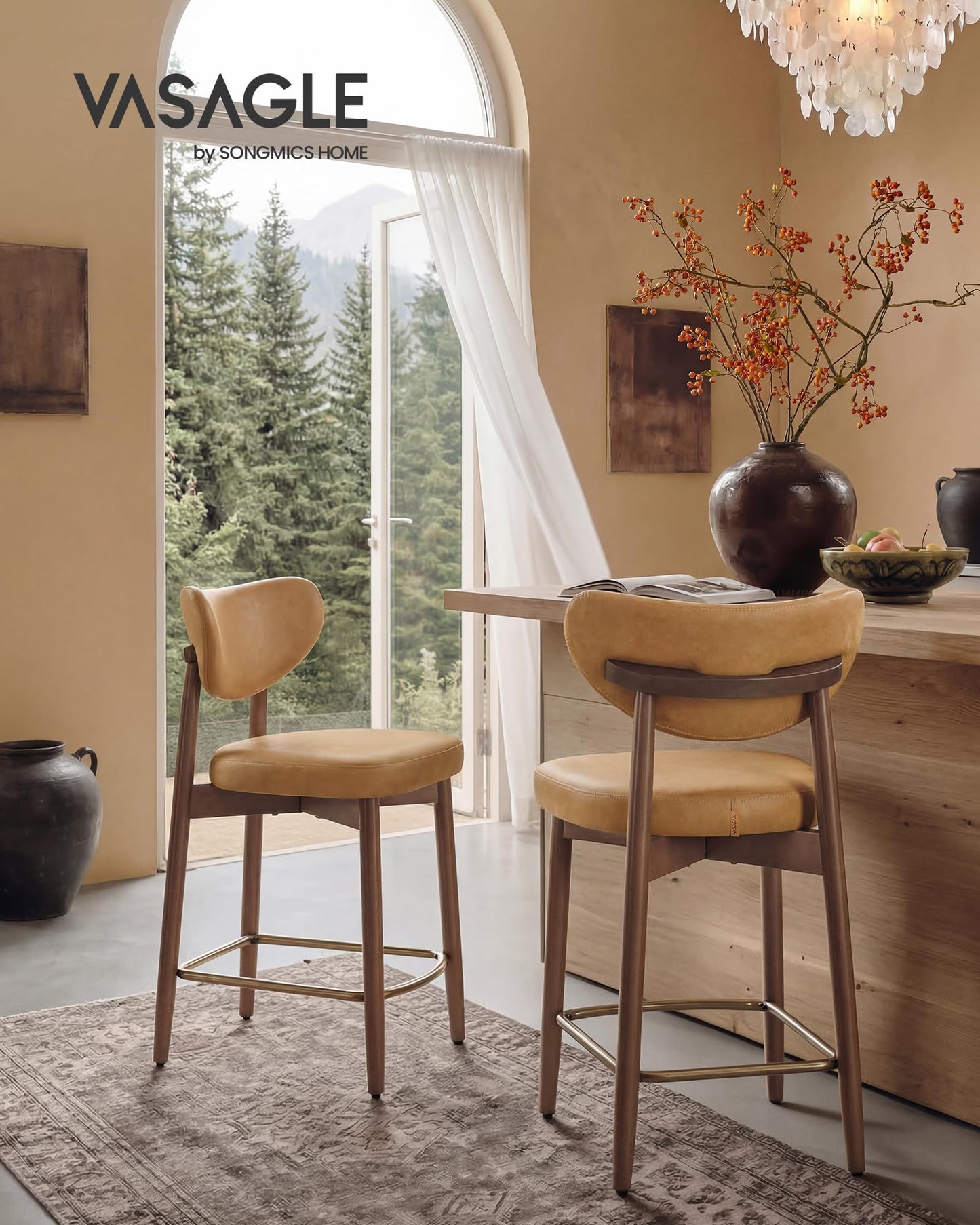 VASAGLE Wooden Bar Stools Set of 2, Upholstered Counter Height Barstools with Solid Wood Legs, Ergonomic Backrest, Mid Century Modern, for Kitchen Island, Linen-Look Fabric, Cappuccino Beige