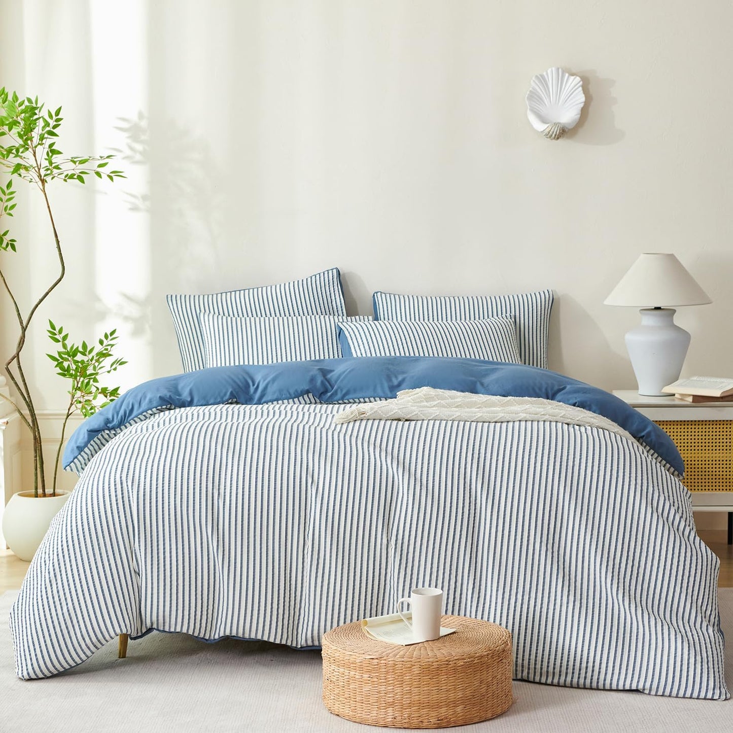 Striped Duvet Cover Queen Beige Washed Microfiber Jacquard 3 Pieces Bedding Set, White Beige Vertical Ticking Stripes Pattern Comforter Cover with Zipper Closure Breathable Durable Soft Comfy