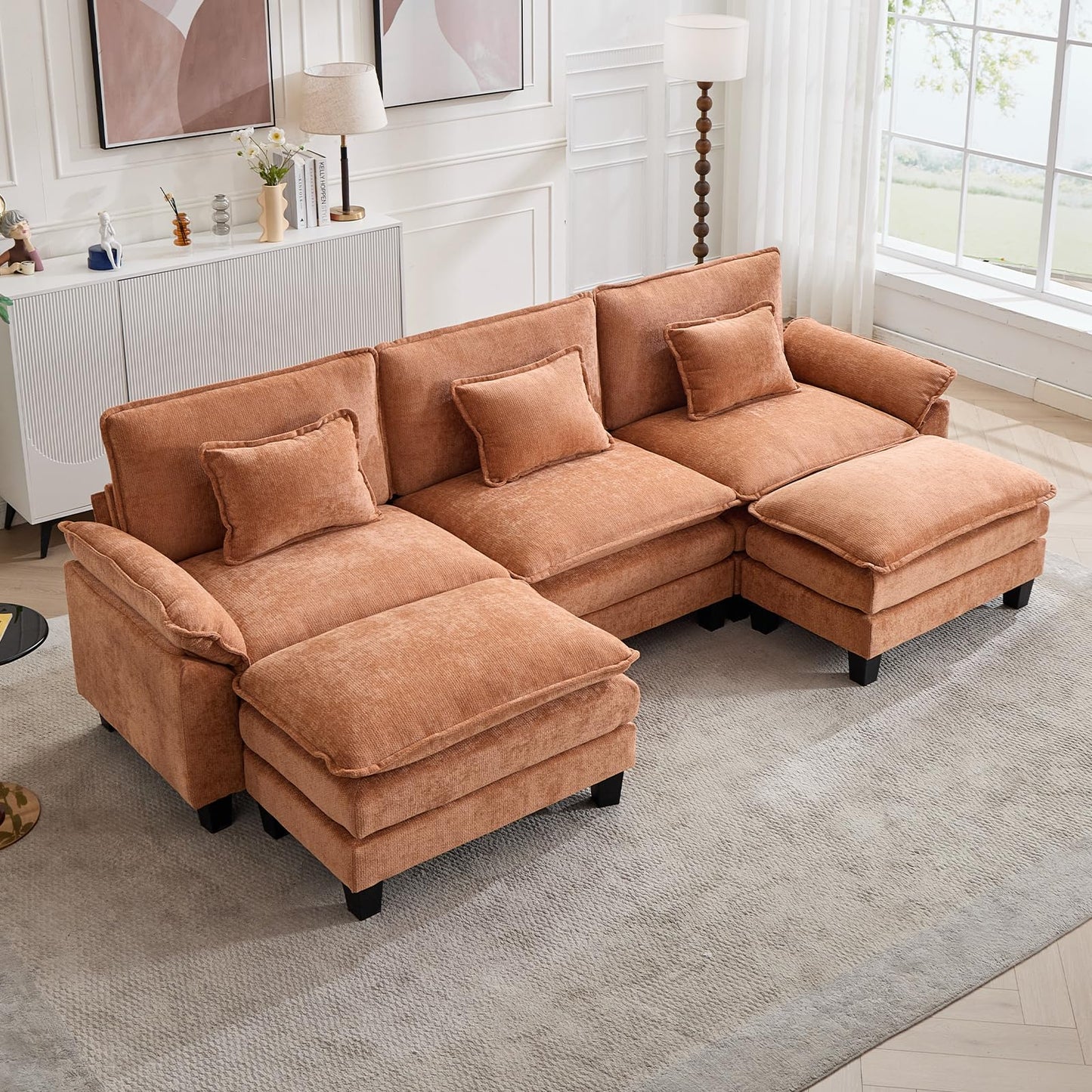 120" Modular Sectional Sofa, Comfy Cloud Couch Sectional Sofa with Ottoman, Chenille Sofa Sleeper Deep Seat Sofa with Throw Pillows for Living Room (Beige White, 120"- U Shape)