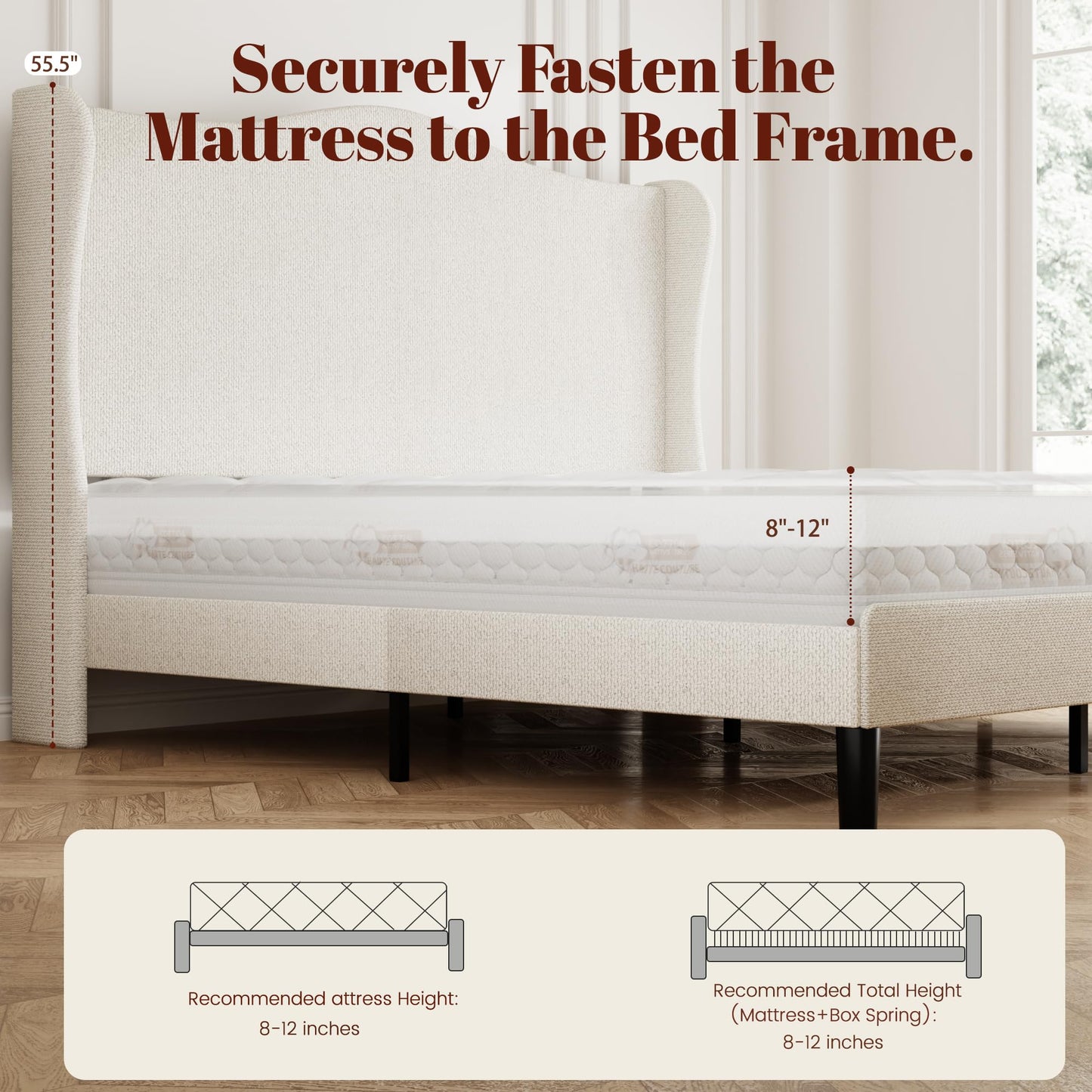 King Bed Frame with Extra Tall 55.5" Wingback Headboard, White Boucle Upholstered Platform Bed Frame, Modern Cloud Bed, Noise-Free, Metal Slats Support, No Box Spring Needed