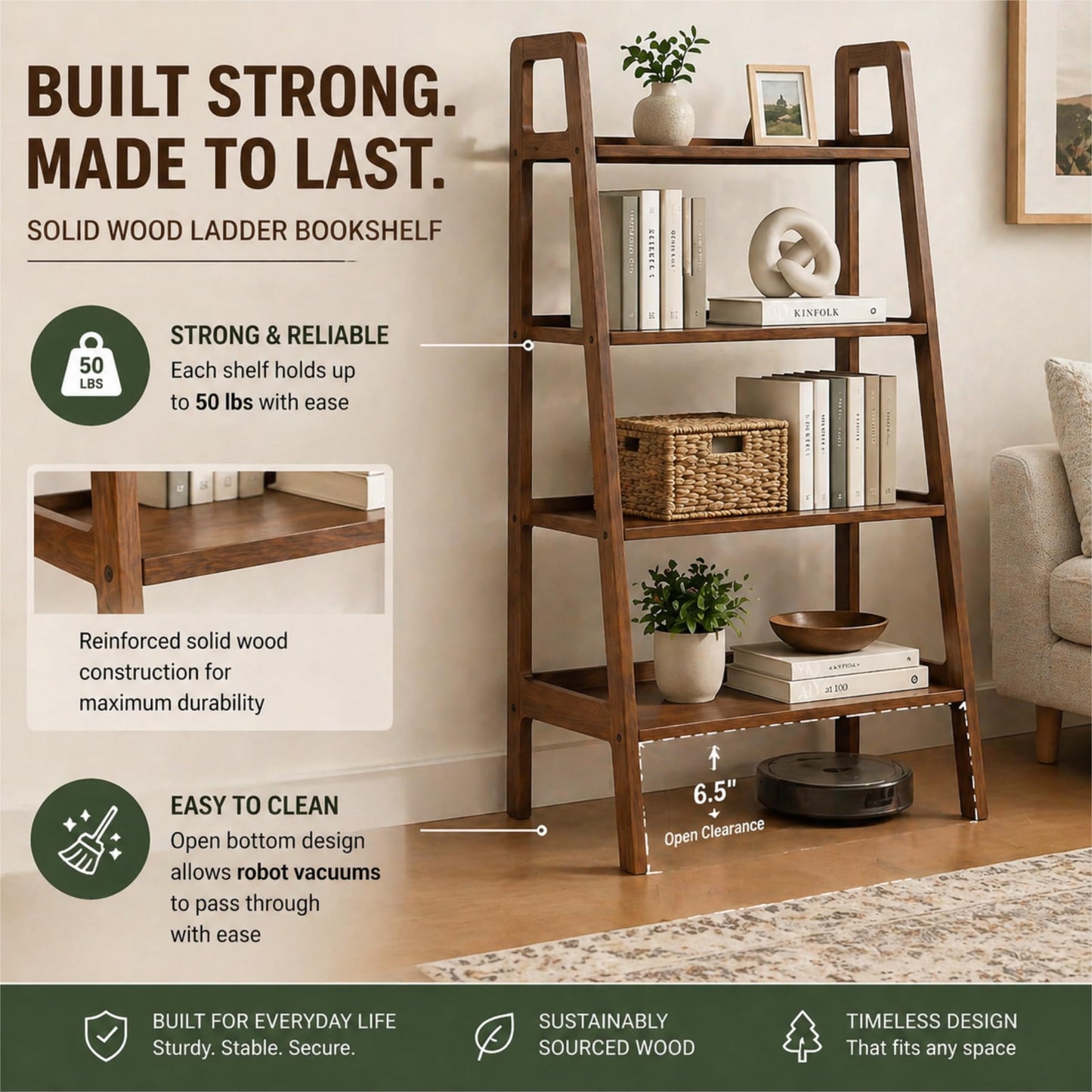 Solid Oak 3 Tier Ladder Bookshelf