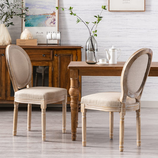 chairus Farmhouse Dining Chairs Set of 2, Round Rattan Back French Country Dining Room Chairs Vintage Fabric Upholstered Chair with Rustic Wood Legs, Beige 2 PCS