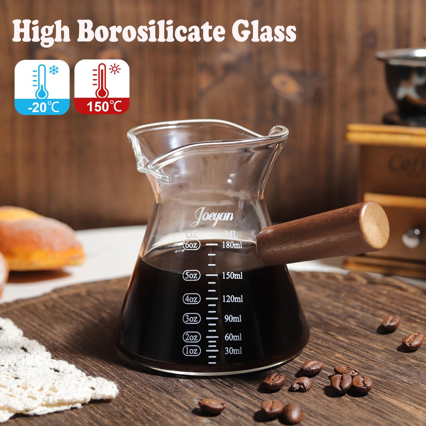Joeyan 6 oz Glass Measuring Cups with Spout,Borosilicate Glass Triple Pitcher with Scale,Origami Style Espresso Shot Glasses with Wood Handle for Coffee Milk,Dishwasher Safe