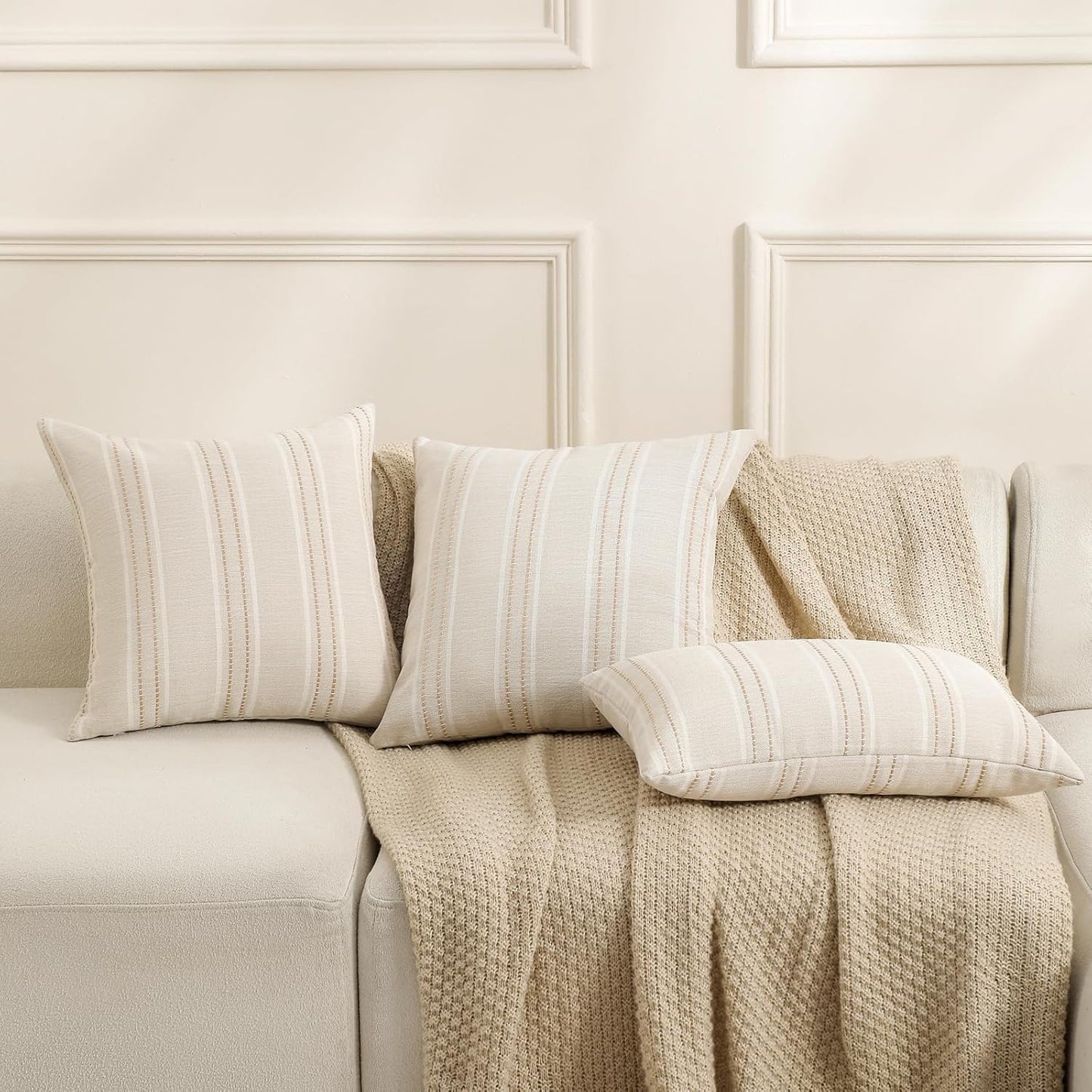 Hckot Hand Made Throw Pillow Covers 20x20 Set of 2 Striped Pillow Covers Linen Decorative Pillows Square Cushion Covers for Sofa Couch Bed Living Room Farmhouse Decor, Khaki