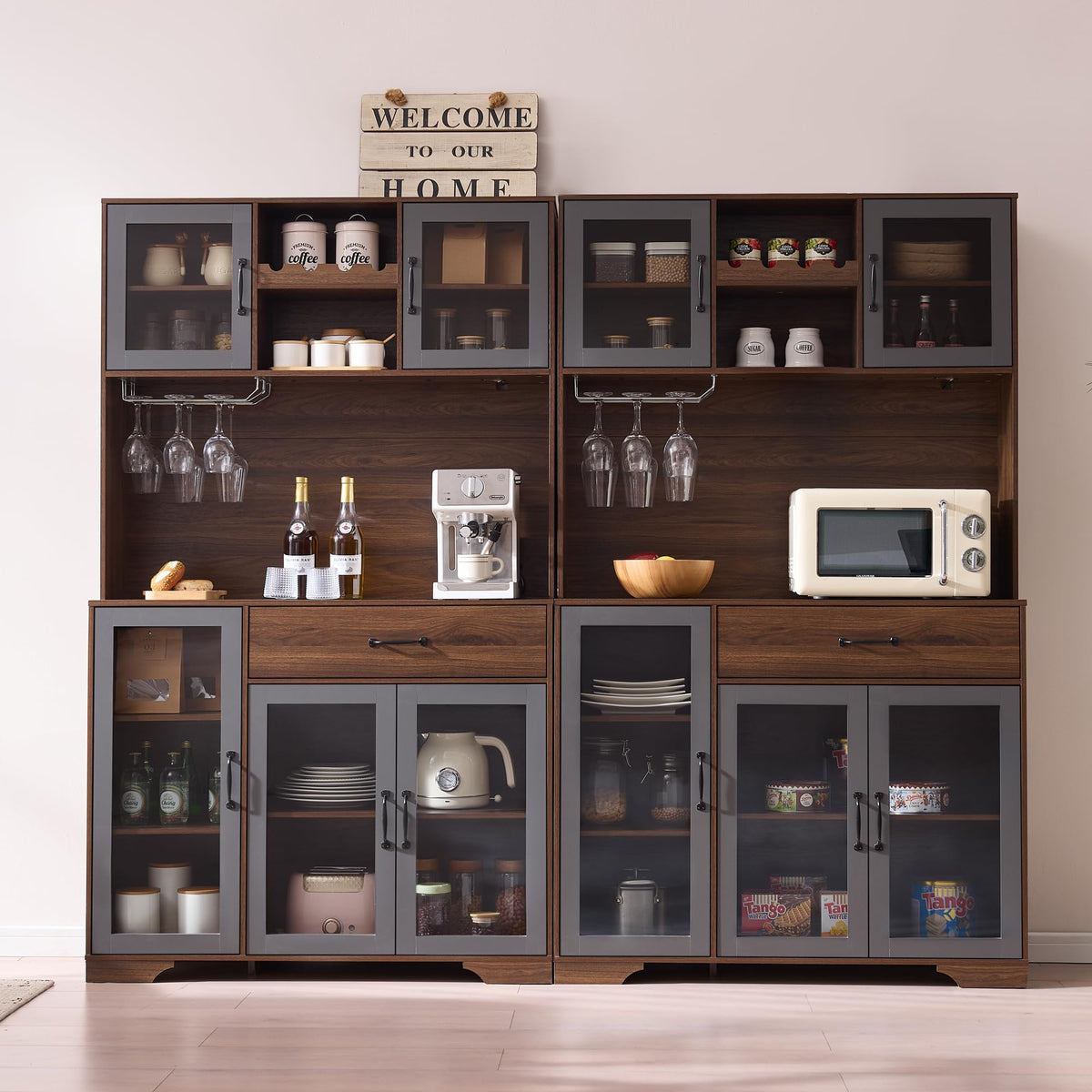71" Cabinet with Wine Rack and Charging Station, Set of 2