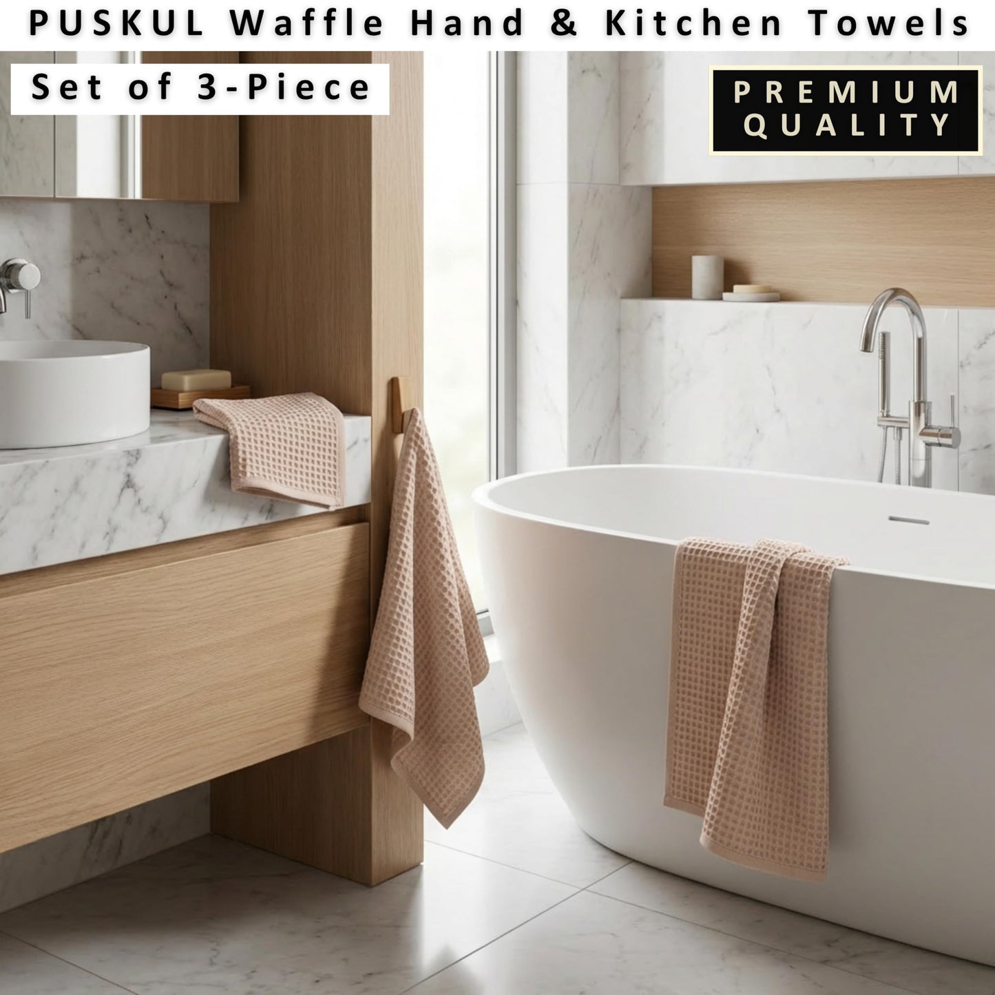 PÜSKÜL Organic Waffle Kitchen Towel Pure 100% Turkish Cotton Set of 3 Natural Raw-Undyed Towel - Premium Quality Soft Quick-Dry Absorbent Lint-Free Hand & Dish Towels Large 32X16 (3, Natural Beige)