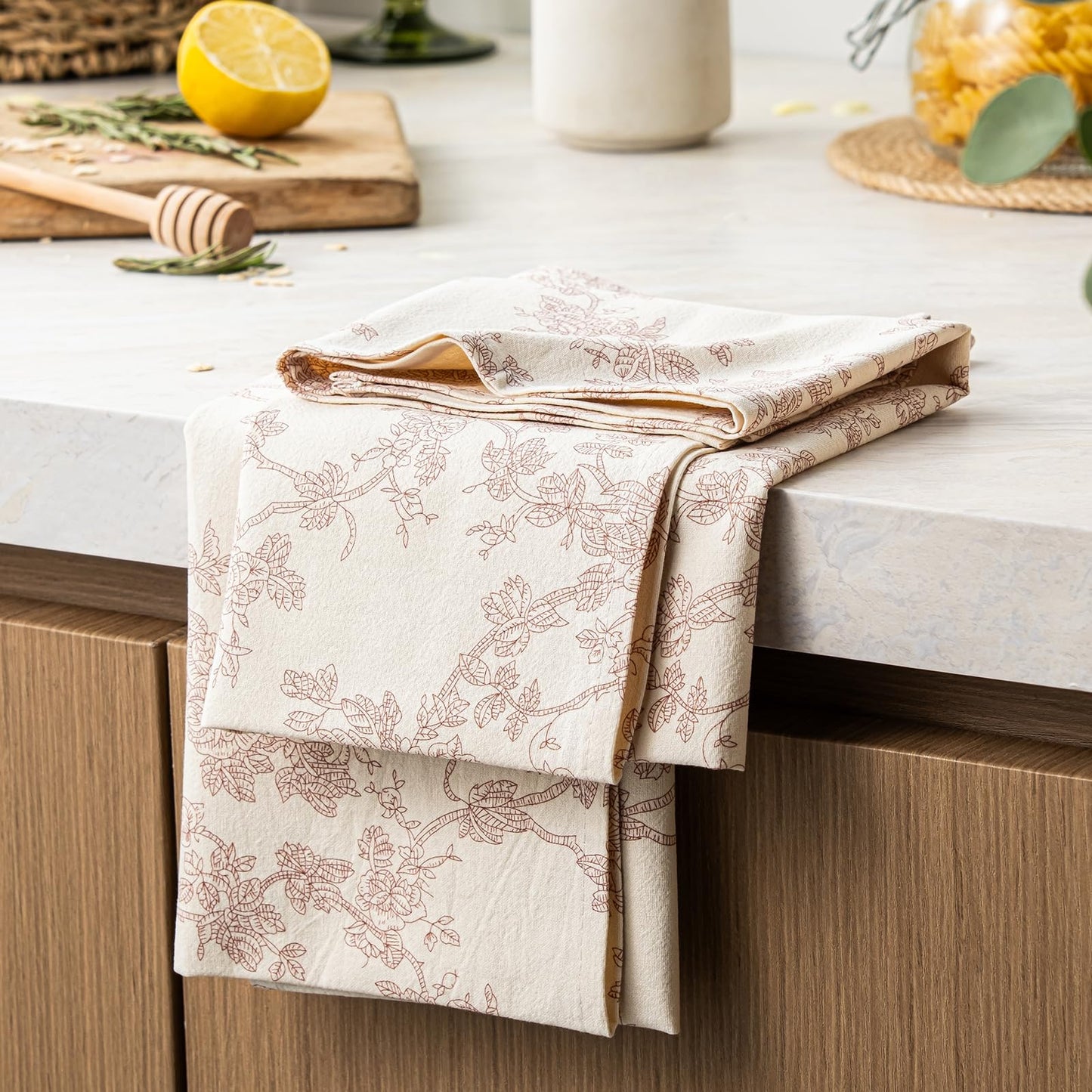 100% Cotton French Pastoral Kitchen Towels Set of 2, Decorative Flour Sack Tea Towels with Hanging Loop 18x25 Inch Absorbent Dish Cloths Farmhouse Home Decor, Brown