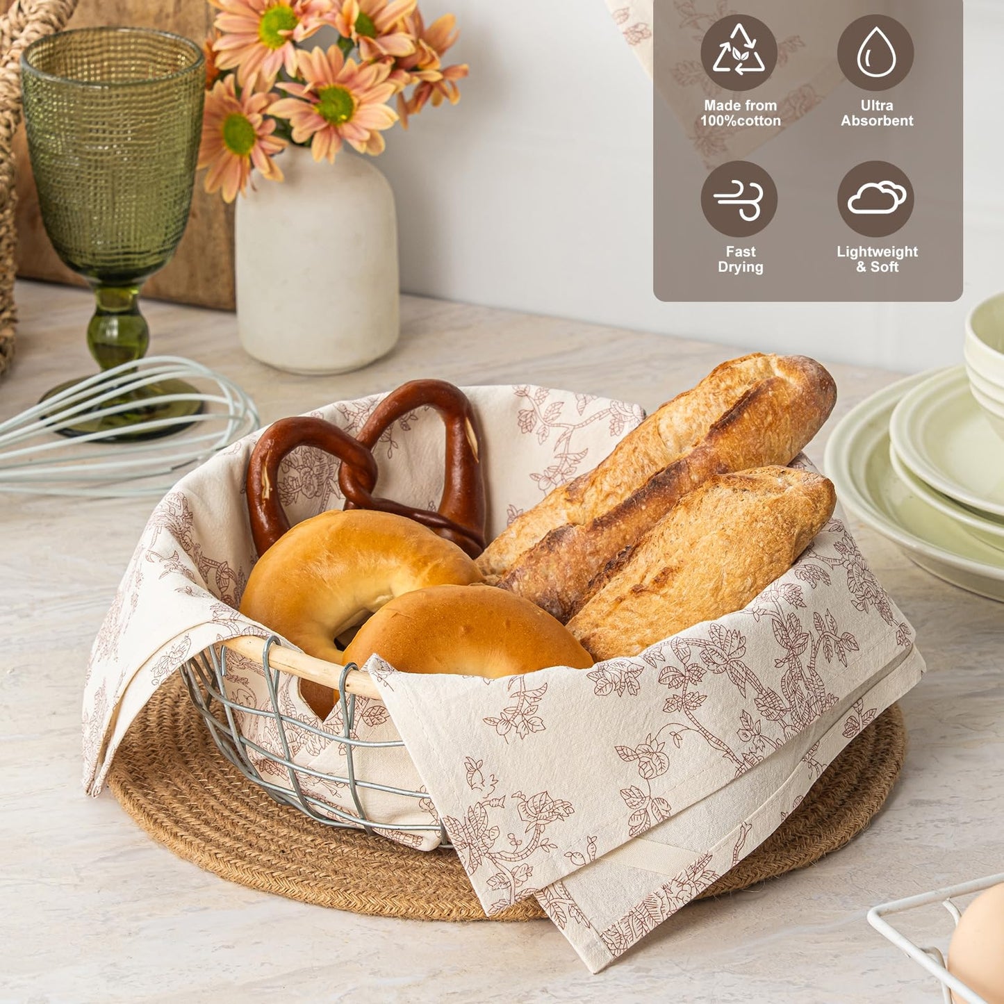 100% Cotton French Pastoral Kitchen Towels Set of 2, Decorative Flour Sack Tea Towels with Hanging Loop 18x25 Inch Absorbent Dish Cloths Farmhouse Home Decor, Brown