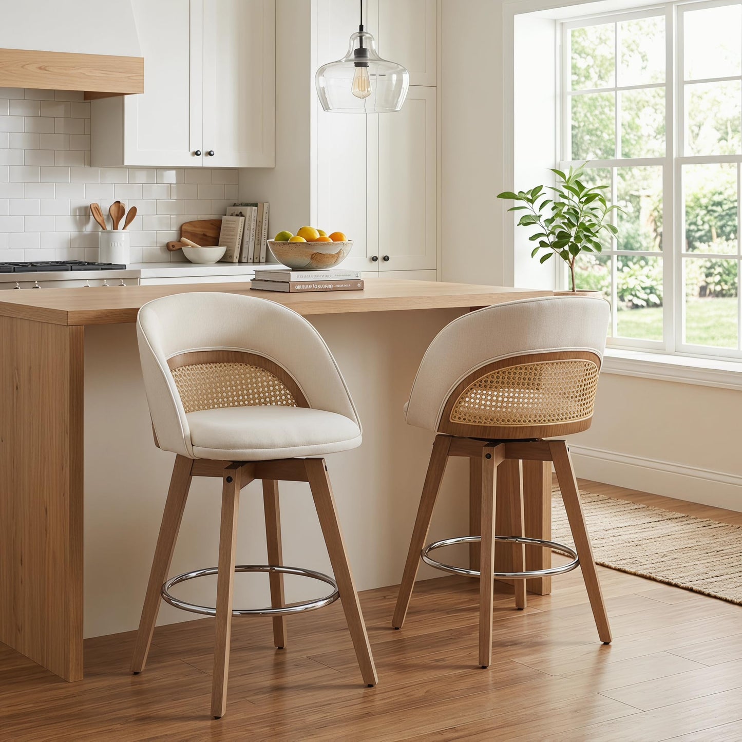 EALSON Bar Stools Set of 4, 26" Swivel Barstools with Rattan Backrest, Modern Faux Leather Upholstered Counter Height Bar Stools with Wood Legs & Bronze Footrest for Kitchen Island/Living Room, Brown