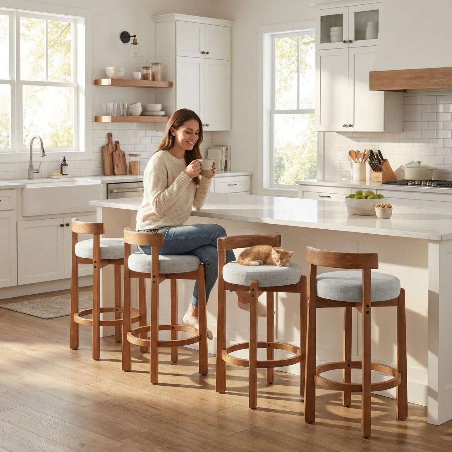 LukeAlon Mid Century Linen Counter Stools Set of 3, Upholstered 26.5" Seat Height Low Barstools with Natural Wood Legs Round Low Back Kitchen Stools with Footrest for Dining Room, Beige